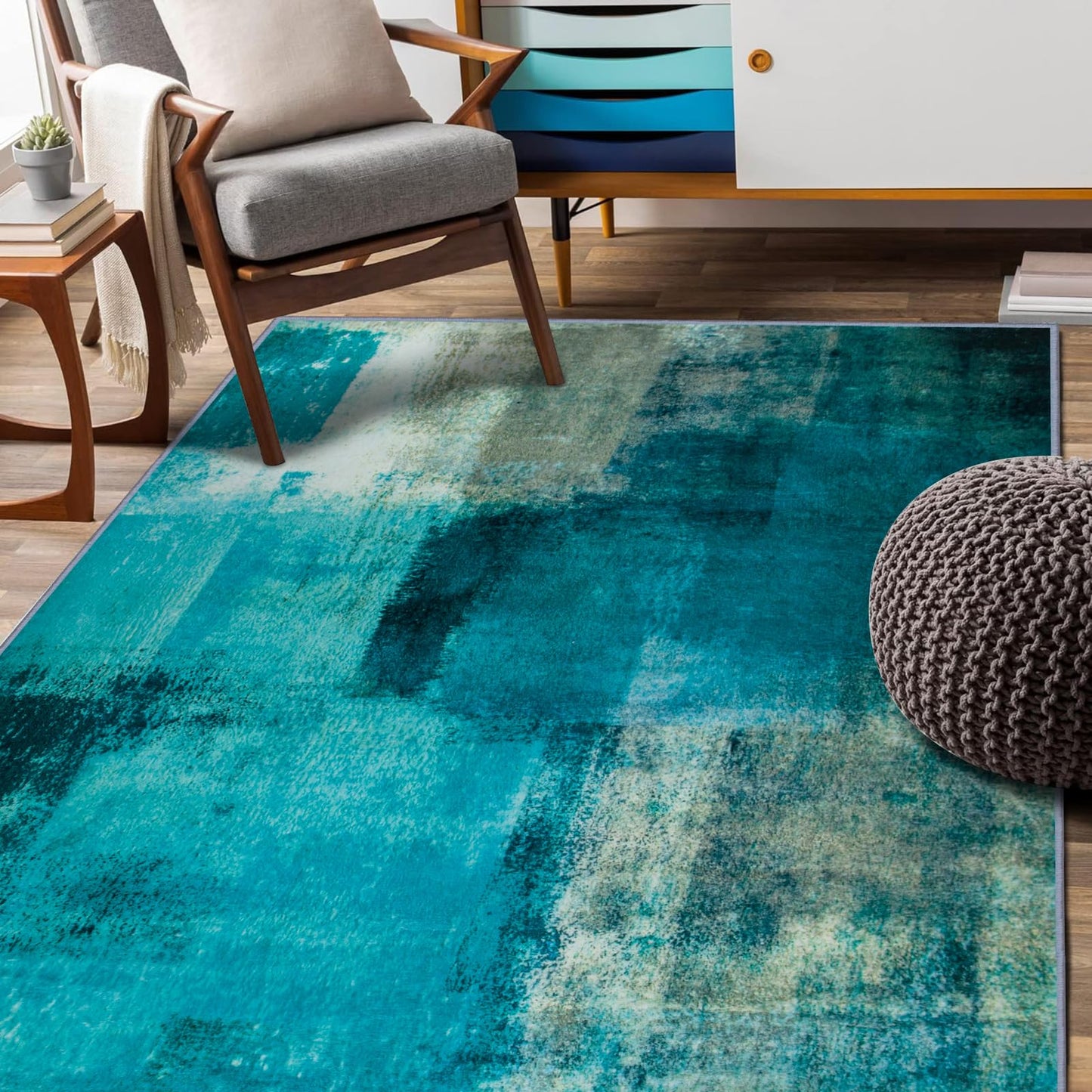 TYJDTYR Wohnzimmer Teppich 140 x 200 cm Modern Abstrakt Grau, Kurzflor, Waschbar für Schlafzimmer Esszimmer Dekorative Blau
