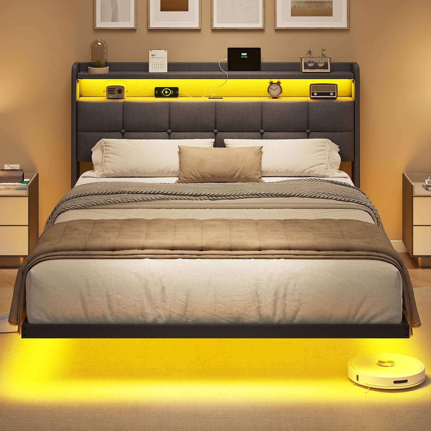 AOGLLATI Upholstered Bed 140 x 200 cm, Double Bed Frame, Bed Frame with LED Lighting and Charging Station, Bed Frame with Headboard, Bed Floating Bed Frame, Metal Bed, Linen, Dark Grey (without