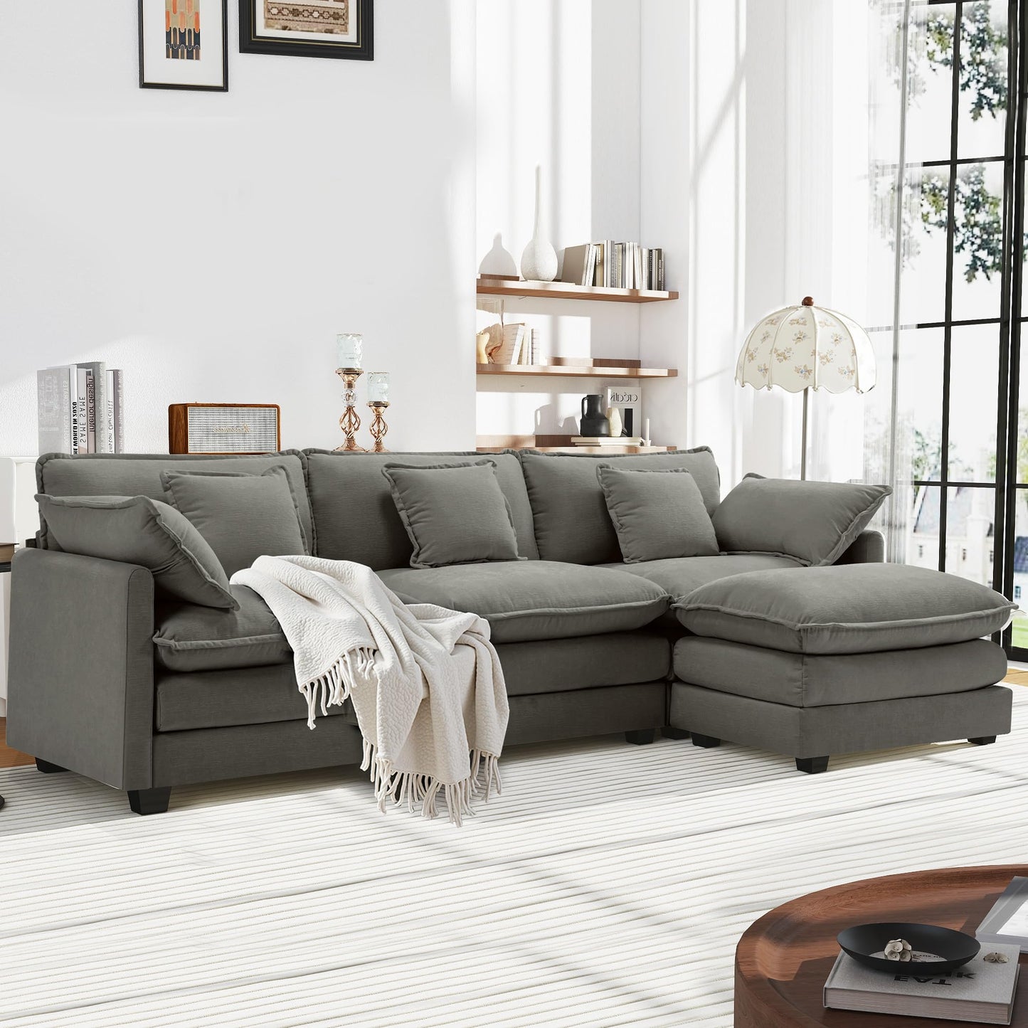 Urhanherry U-Shape Cloud Sofa, Modular Sectional Sofa, 6-Seater with 2 Ottomans, Modern Sofa with Decorative Cushions/Armrests, Breathable Chenille Fabric, U Sofa Couch for Living Room, Beige