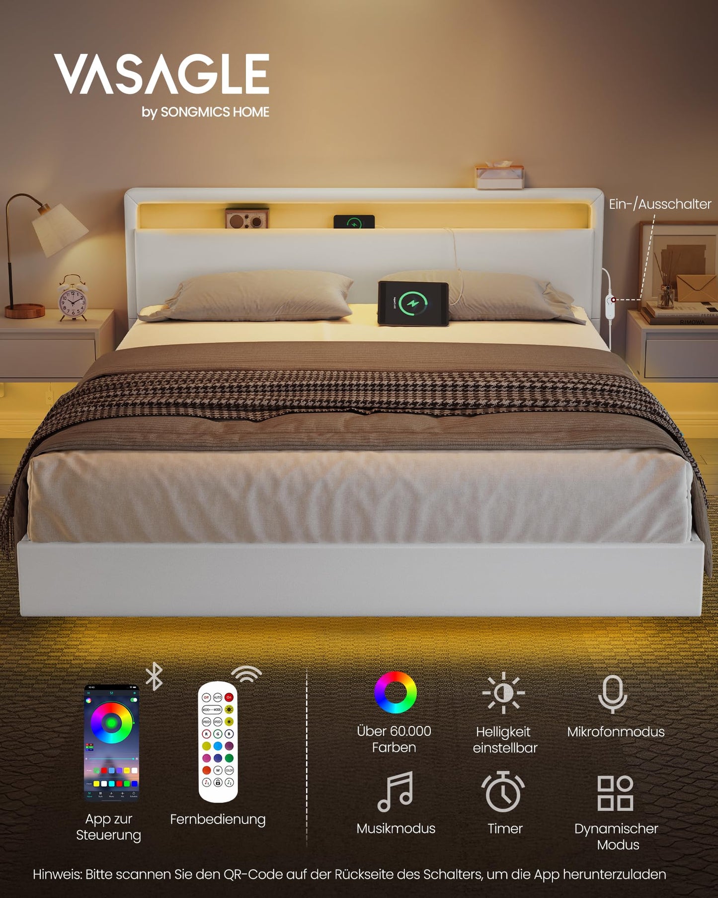 VASAGLE Double Bed Frame 140 x 200 cm Floating Visual Effect Bed with LED Lighting High Headboard Charging Station Modern Cloud White RMB864W01