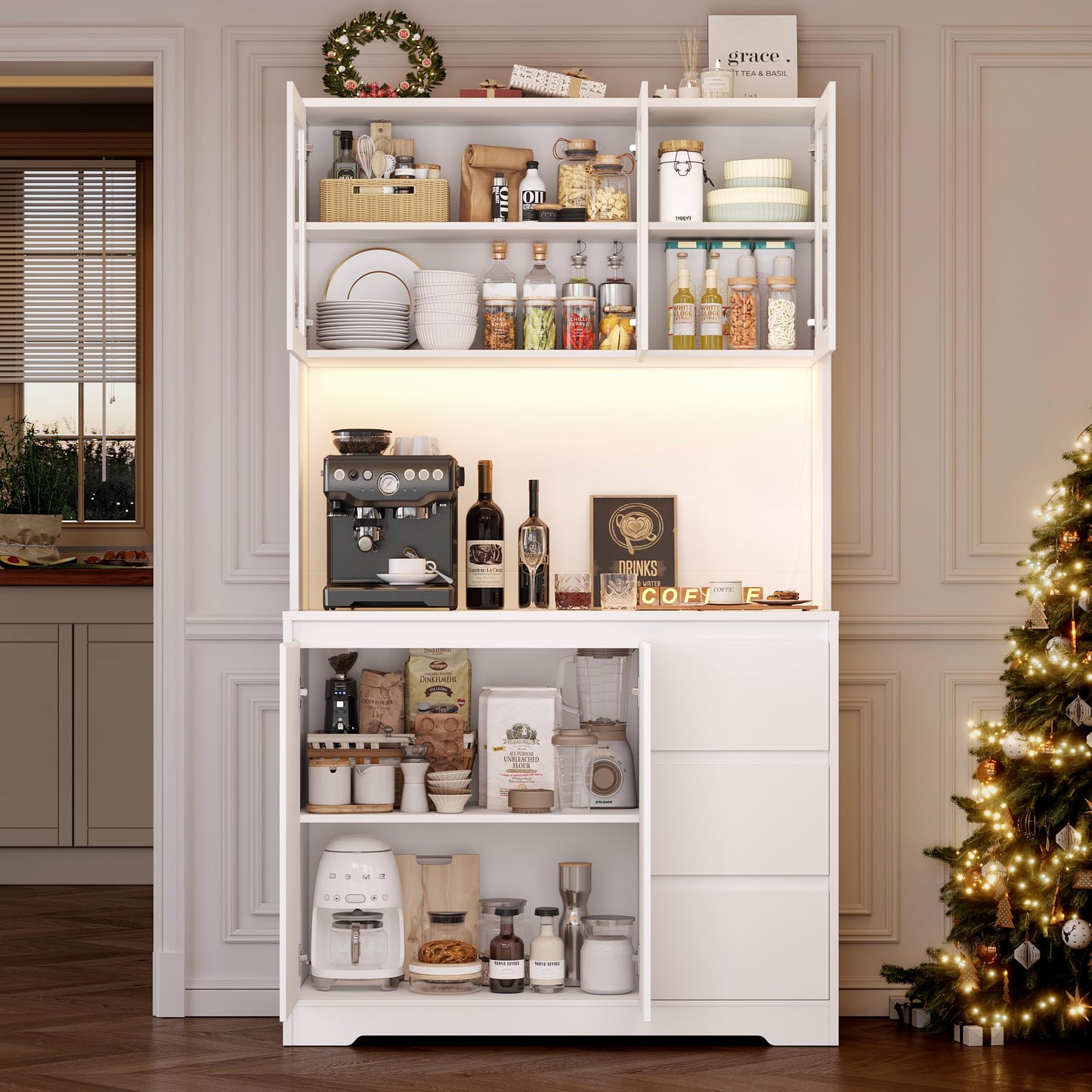 FirFurd Kitchen Cabinet Buffet Cabinet with LED Sideboard for Kitchen with Power Strip Kitchen Cabinet with Worktop and 3 Drawers Kitchen Buffet with Adjustable Shelf 180 x 100 x 38.5 cm (Black)