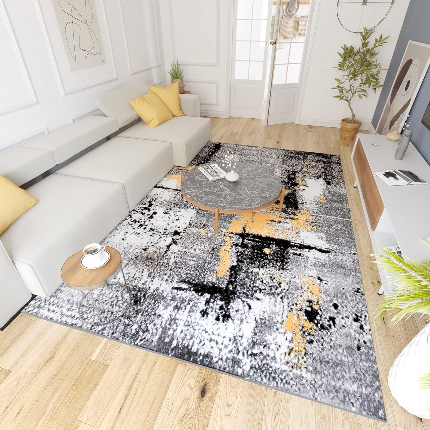 Mazovia Modern Rug, Short Pile, Oeko-Tex Rug for Living Room, Bedroom, Dining Room, Robust and Easy to Clean, Low Pile Height, Grey Yellow, 250 x 350 cm