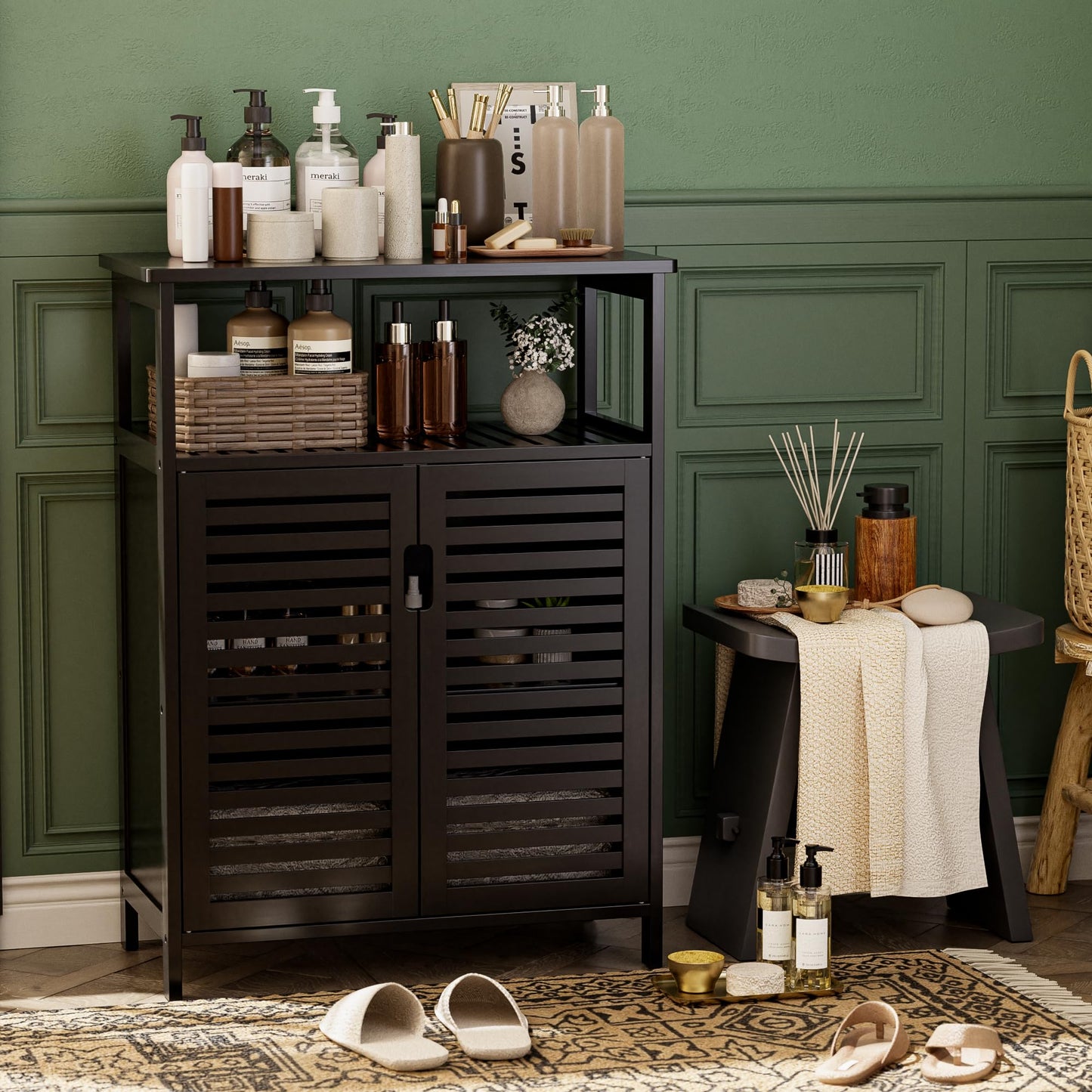 HITNET Bathroom Cabinet Bamboo Black Bathroom Cabinet with 2 Doors Freestanding Cabinet for Bathroom, Living Room and Bedroom