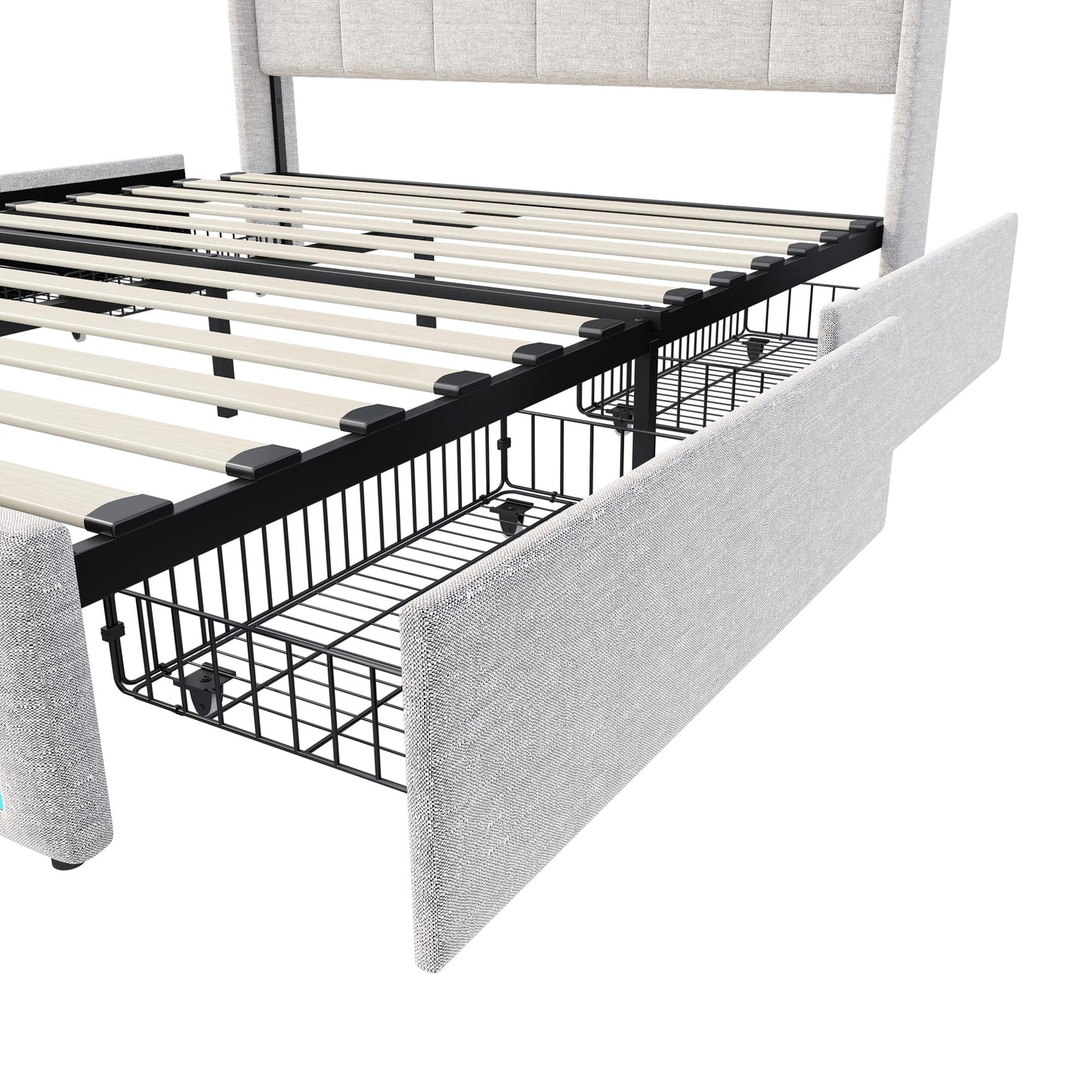 KeepGoon Doppelbett 140 x 200 cm,Polsterbett mit LED-Leuchten, 4 Eisenschubladen und einem USB Ladeanschluss,Stauraumbetten Bettgestell,Leinenstoff (Beige)