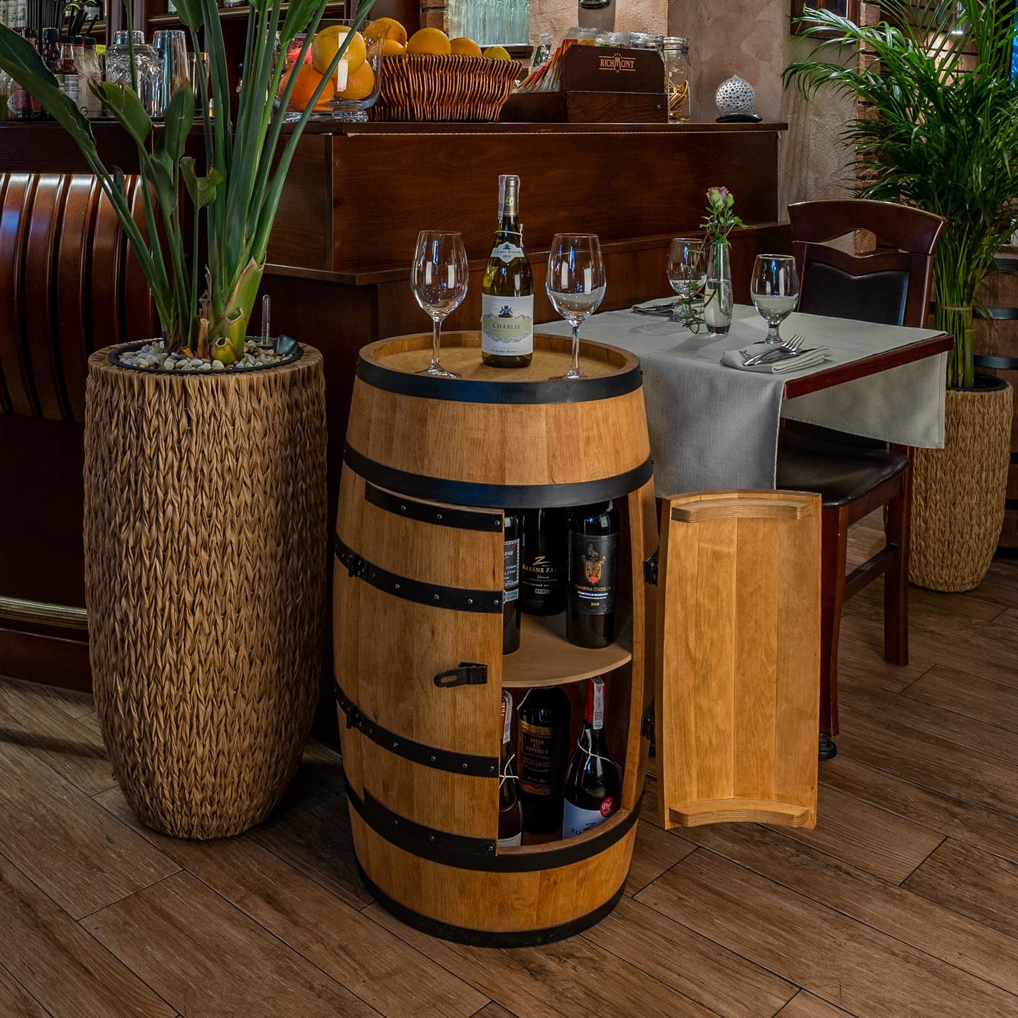 CREATIVE COOPER Wooden Wine Rack with Door with LED - Alcohol Cabinet Bottle Rack Wood - Wooden Barrel - Barrel Furniture - Wine Stand - Wine Barrel - Wine Bar - Barrel Bar with Door - Mini Bar 80 cm