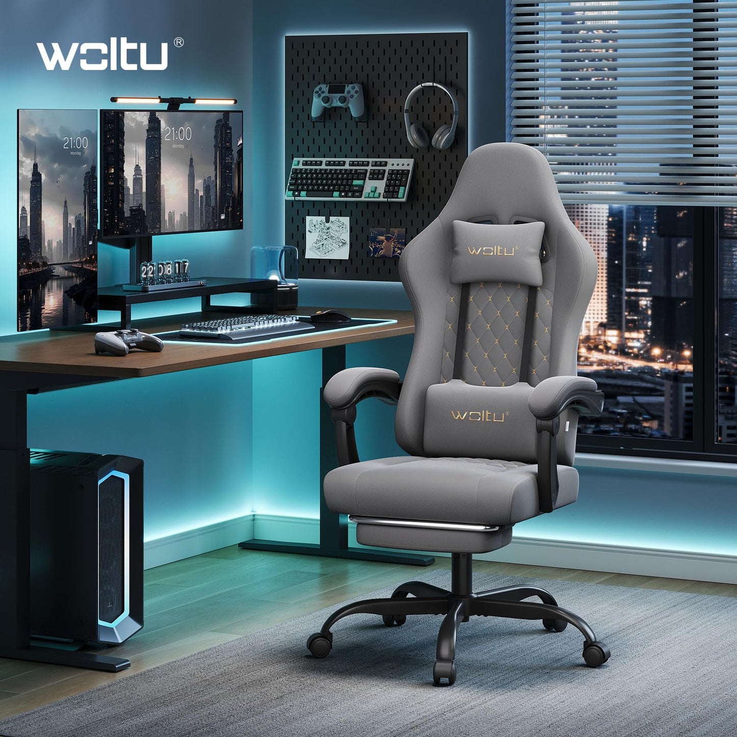 WOLTU Gaming Stuhl mit Massagefunktion, Computerstuhl Ergonomisch, Taschenfederkissen, Lendenmassage, Kopfkissen, Fußstütze, Drehstuhl, 150 kg, Netzstoff, Rosa+Weiß