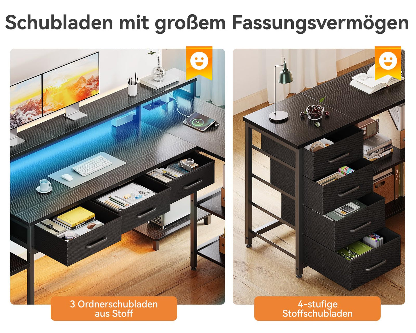 Coleshome Gaming Tisch mit 7 Schubladen & Großzügigem Stauraum, Eckschreibtisch mit RGB LED, Reversibler Schreibtisch L Form mit 2 Steckdosen, Ideal für Büro & Gaming, 179.5×135.5cm, Weiß