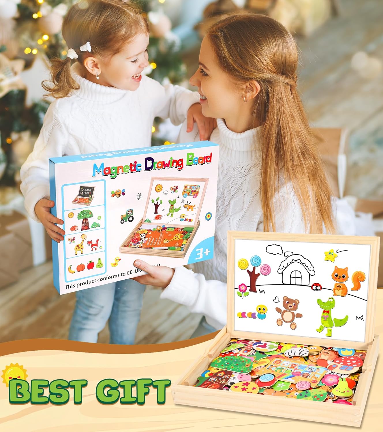Jojoin 130 Stücke Magnetisches Holzpuzzle - 2025 Neu Montessori Holzpuzzle mit Doppelseitig Magnetisch | Wald | Bauernhof | Obst | Bus - Kreativ Spielzeug für Kinder