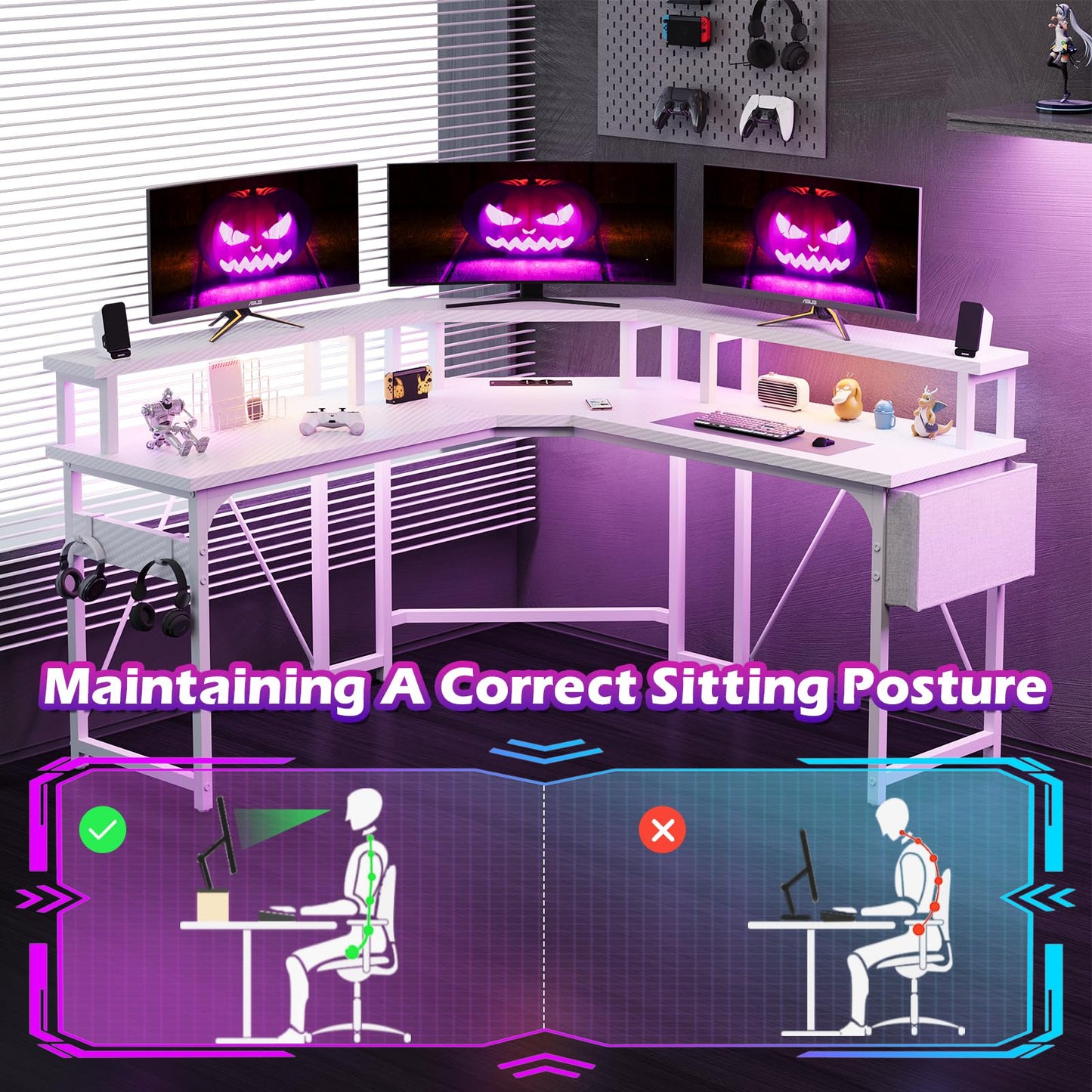 Devoko 153x153 cm Gaming Schreibtisch mit LED, groß Gaming Tisch L Form mit 2 Steckdosen und 2 USB Ladeanschluss, Eckschreibtisch PC Tisch mit großzügiger Monitorablage, Kohleschwarz