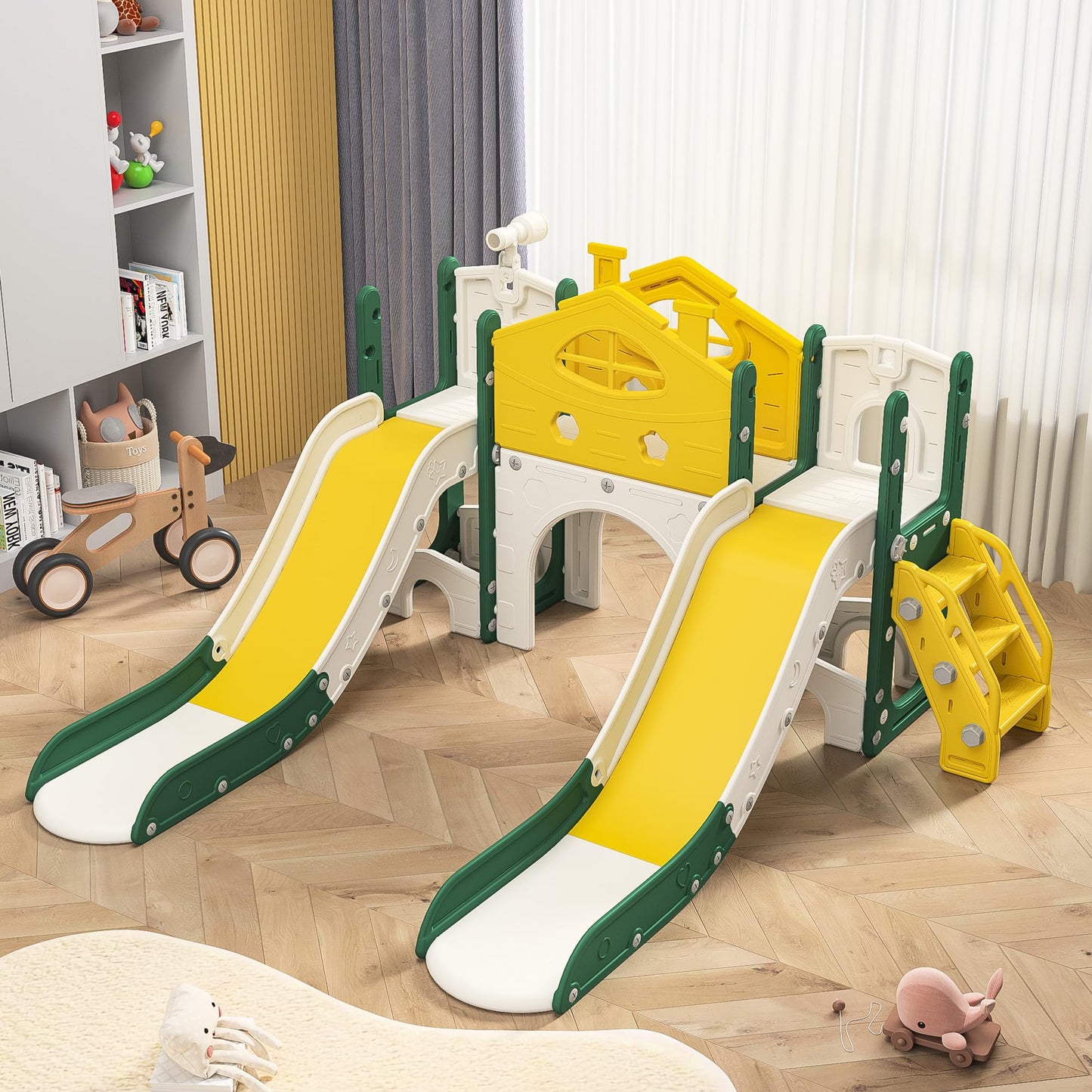 Kinderrutsche, Babyschaukel, 4 in 1, mit Schaukeln, Treppen, Gleiten, Basketballgestellen, Spielplatz für drinnen und draußen, multifunktionale Rutsche (Rosa, Kaninchen)