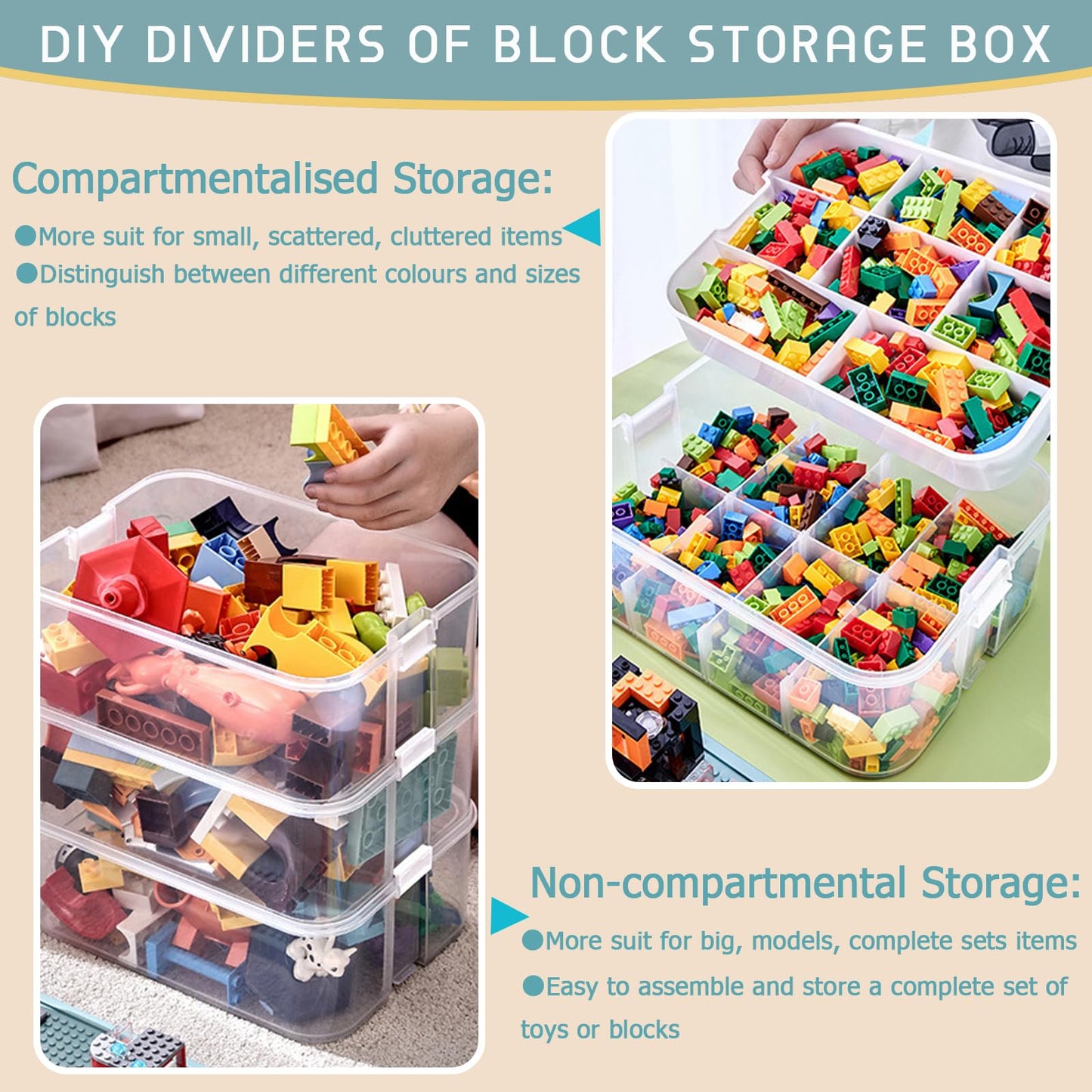Kinder Aufbewahrungsbox mit Deckel Bausteine Boxen Aufbewahrung Spielzeugkiste Kinderzimmer Kinderbox 3 Stufen Stapelboxen Staubox Ordnungsboxen Transparent Organizer Box Trennbare Kunststoffbox