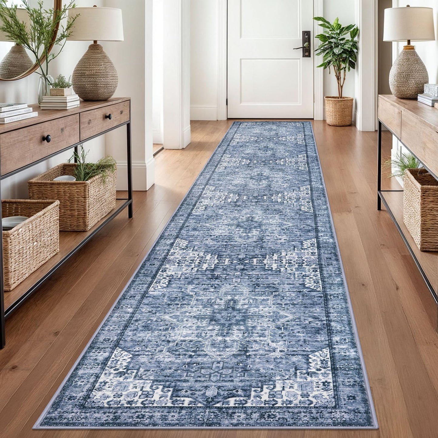 2x3 Blue Washable Rug for Entrance, Soft Traditional Area Rug, Non-Slip Printed Kitchen Rugs, Low-Pile Medallion Indoor Door Mat, Small Farmhouse Carpet for Entryway Kitchen Foyer Bedside