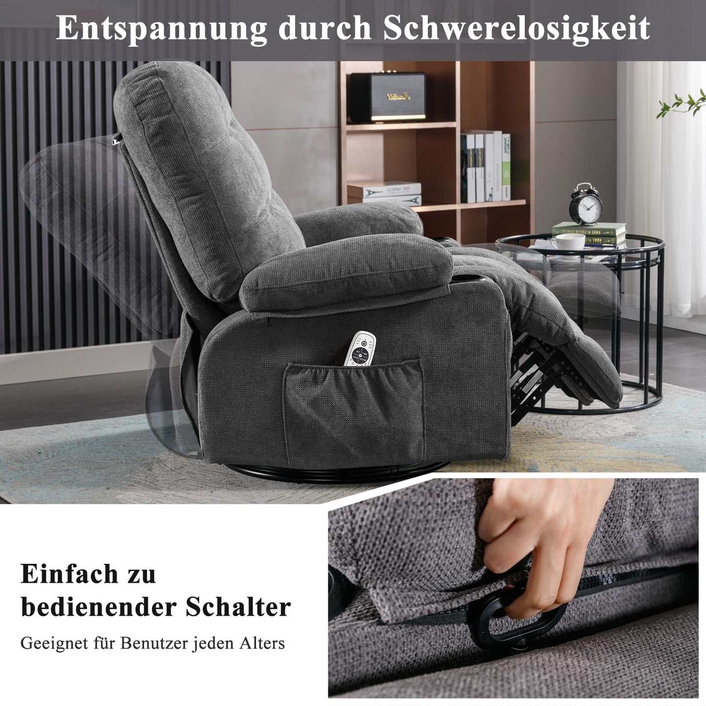 Bosmiller Relaxsessel mit Liegefunktion Massagesessel Oversize Fernsehsessel 360°Drehbarer Liegesessel Heizung Verstellbar Sessel Stoff
