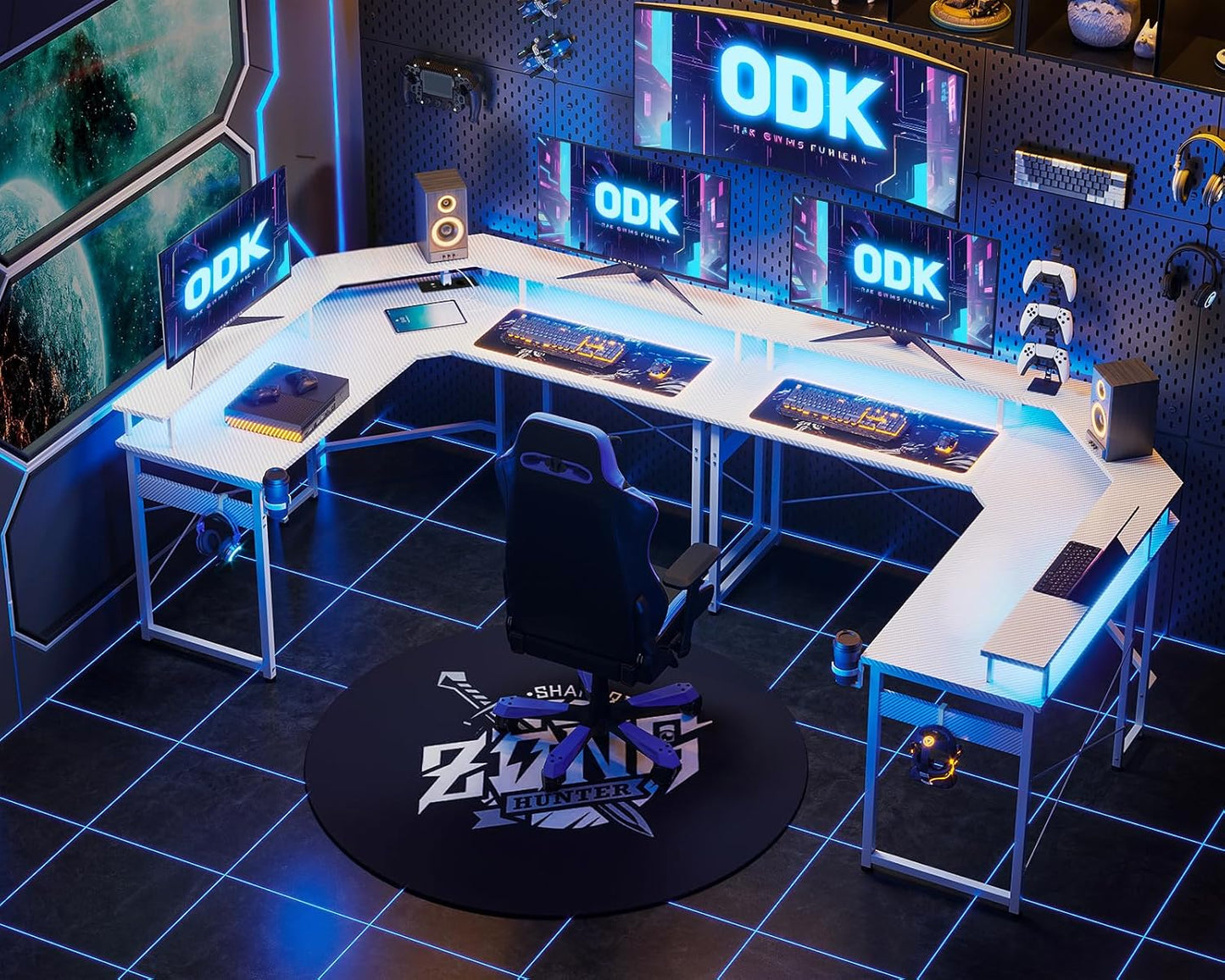 ODK Gaming Tisch mit LED, Gaming Schreibtisch mit 2 Steckdosen und 2 USB Ladeanschluss, PC Tisch Gaming mit großzügiger Monitorablage, Gamer Schreibtisch in Kohlefaser Weiß, 129x129 cm