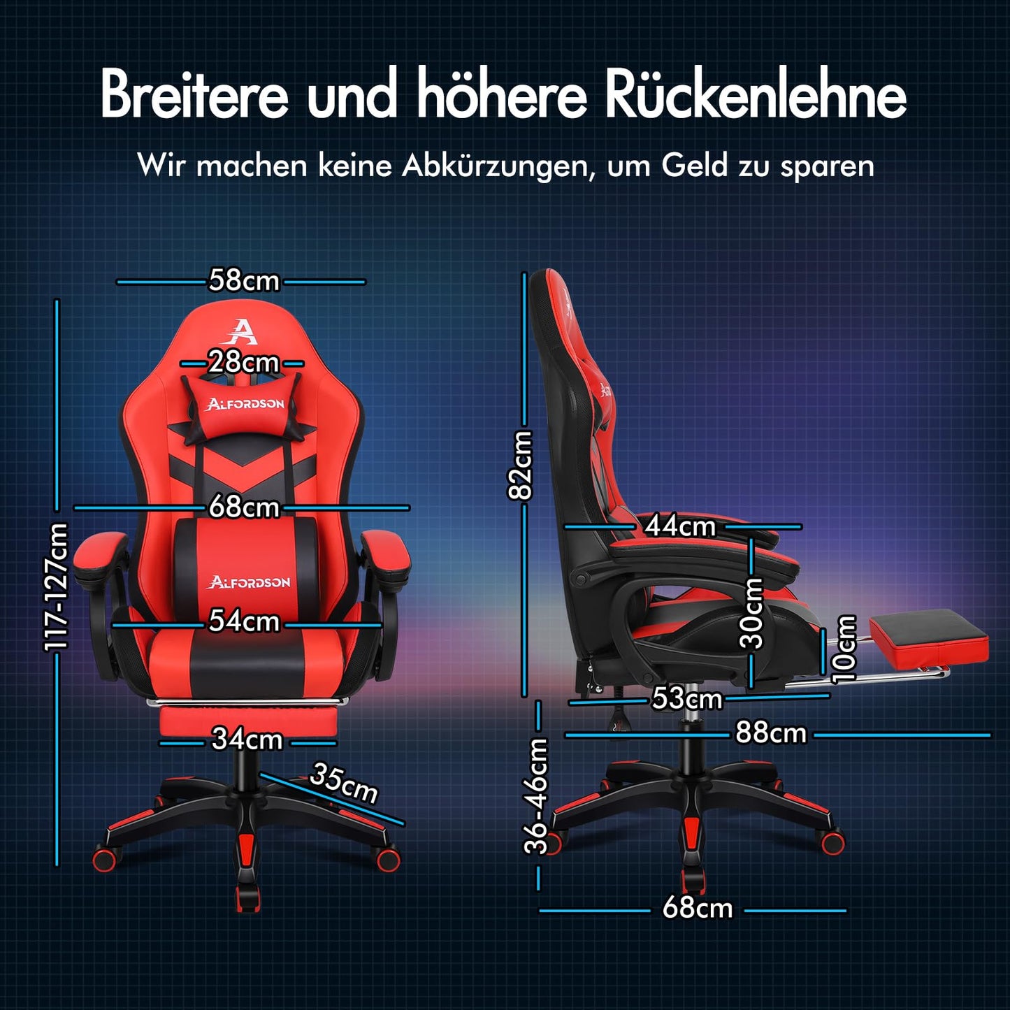 ALFORDSON Gaming Stuhl mit 8-Punkt Massage 12 Farben RGB LED-Licht, Bürostuhl Ergonomisch mit fußstützen, Kopfstütze Lendenkissen für Kinder Erwachsene, Schwarz