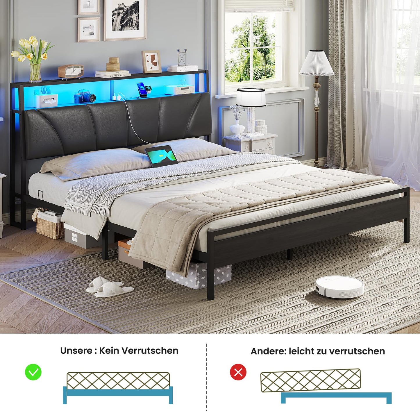 Brinlawb Bed 140 x 200 cm with Metal Slatted Frame, Bed Frame 140 x 200 cm with LED Lighting, Metal Bed 140 x 200 cm with Headboard and Charging Station (2 AC Sockets, 2 USB Ports), Youth Bed, Double