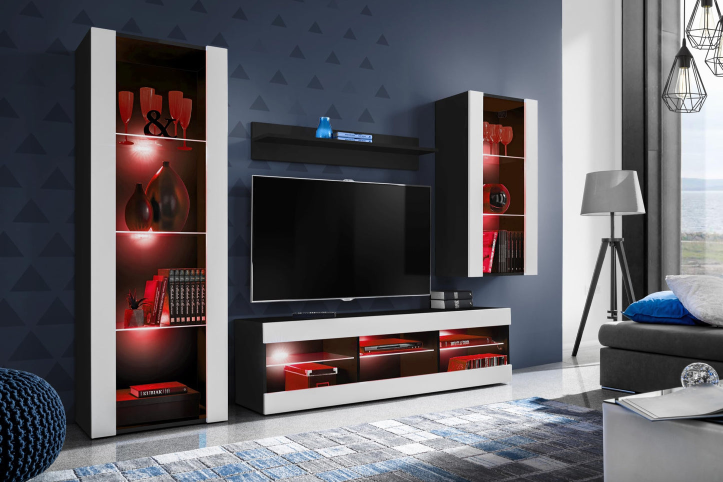 Komodee Tivoli Medio Wall Unit Living Room Set, Black/Black, Width 245 cm x Height 159 cm x Depth 35 cm, LED Blue, for Living Room, Bedroom