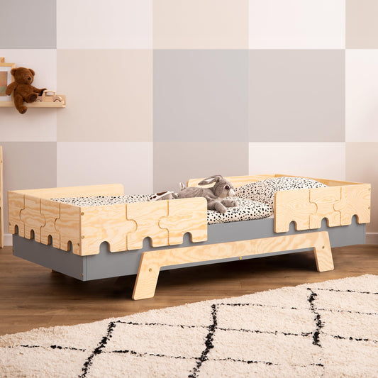 smartwood Kinderbett mit Lattenrost und Rausfallschutz Puzzle BR2 Montessori einzelbett für Jungen und Mädchen - Bett aus Kiefer Sperrholz mit Rausfallschutz und Lattenrost - Grau - 90x200 cm