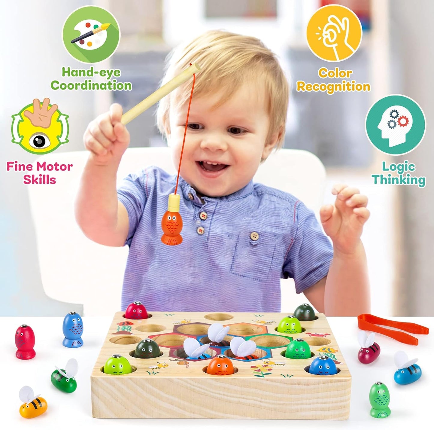 COOLJOY Spielzeug ab 2 Jahre Magnetisches Angelspiel Montessori 2 in 1 Magnetische Spielzeuge Holzspielzeug Geschenk für Junge und Mädchen Montessori Spielzeug ab 2 3 Jahre Autorisiertes Patent