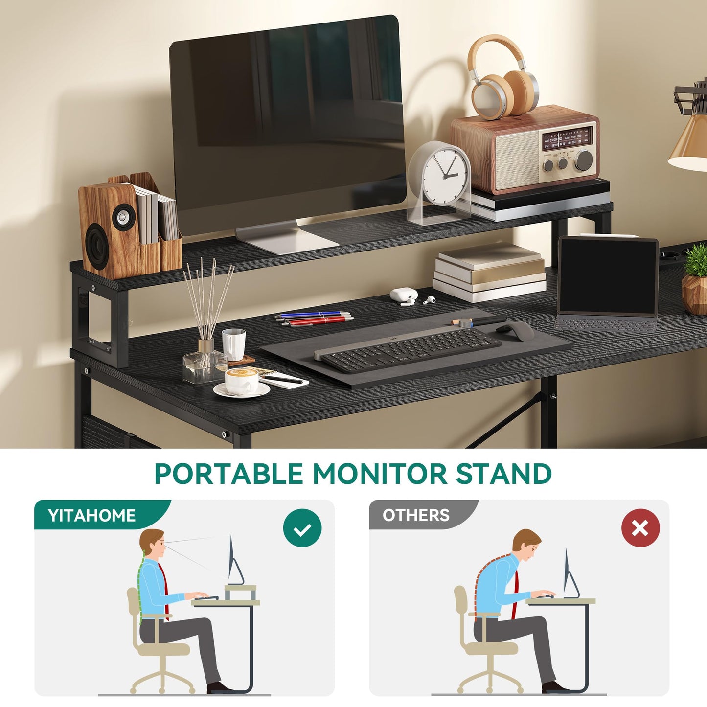 YITAHOME Desk, Reversible Corner Desk with 4 Drawers, L Shape Desk with 2 Sockets and 2 USB Charging Ports, Office Table L Shape with LED, 130 x 100 cm, Corner Table with Monitor Shelf, White