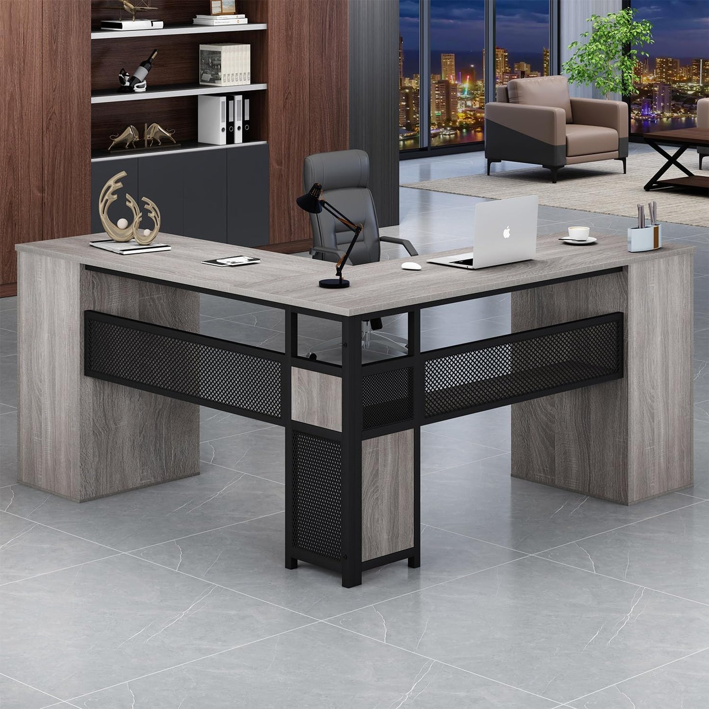 HSH - Black L Shape Corner Desk with Filing Drawers and Shelves, Reversible Corner Desk Made of Metal and Wood with Storage Cabinets