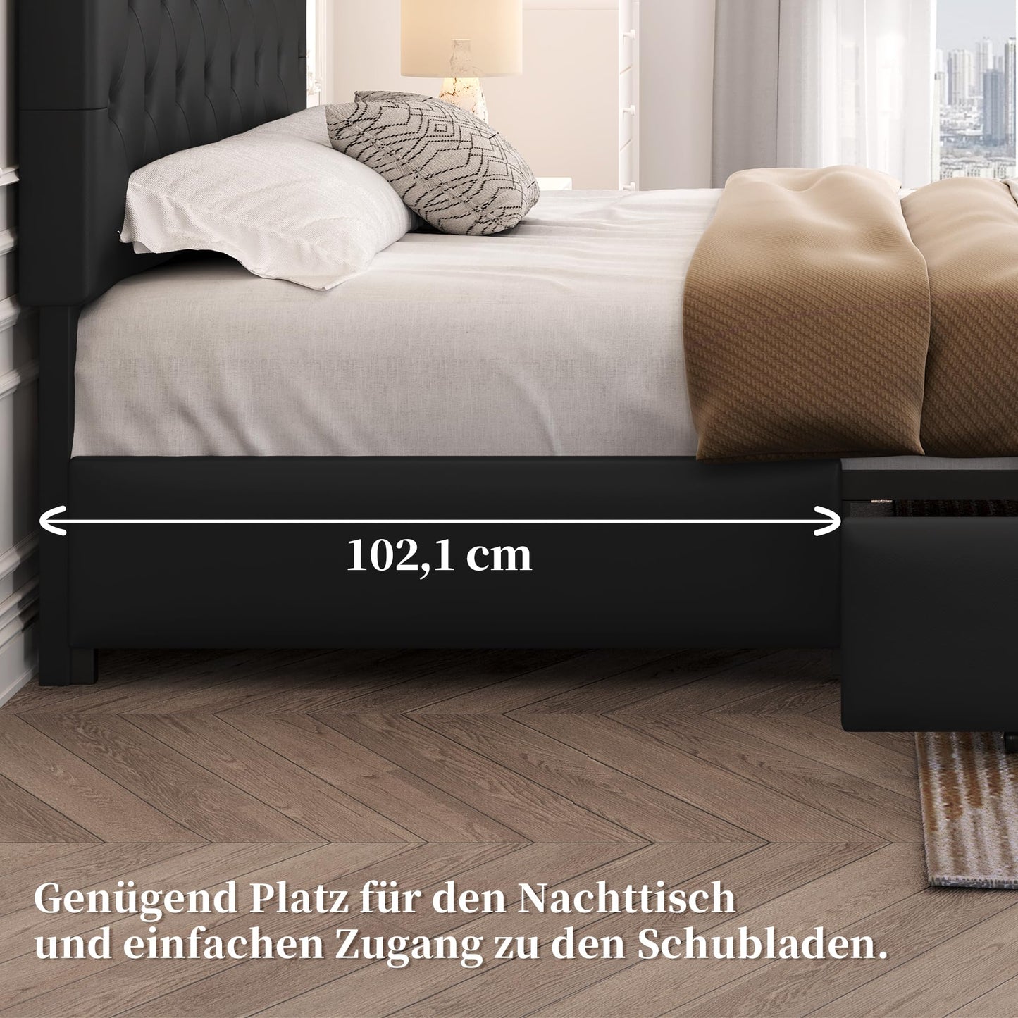 Yaheetech Polsterbett 140 x 200 cm Doppelbett Bettrahmen mit 2 Schubladen höhenverstellbares Kopfteil Gepolstertes Bett mit Lattenrost viel Stauraum, Schwarz