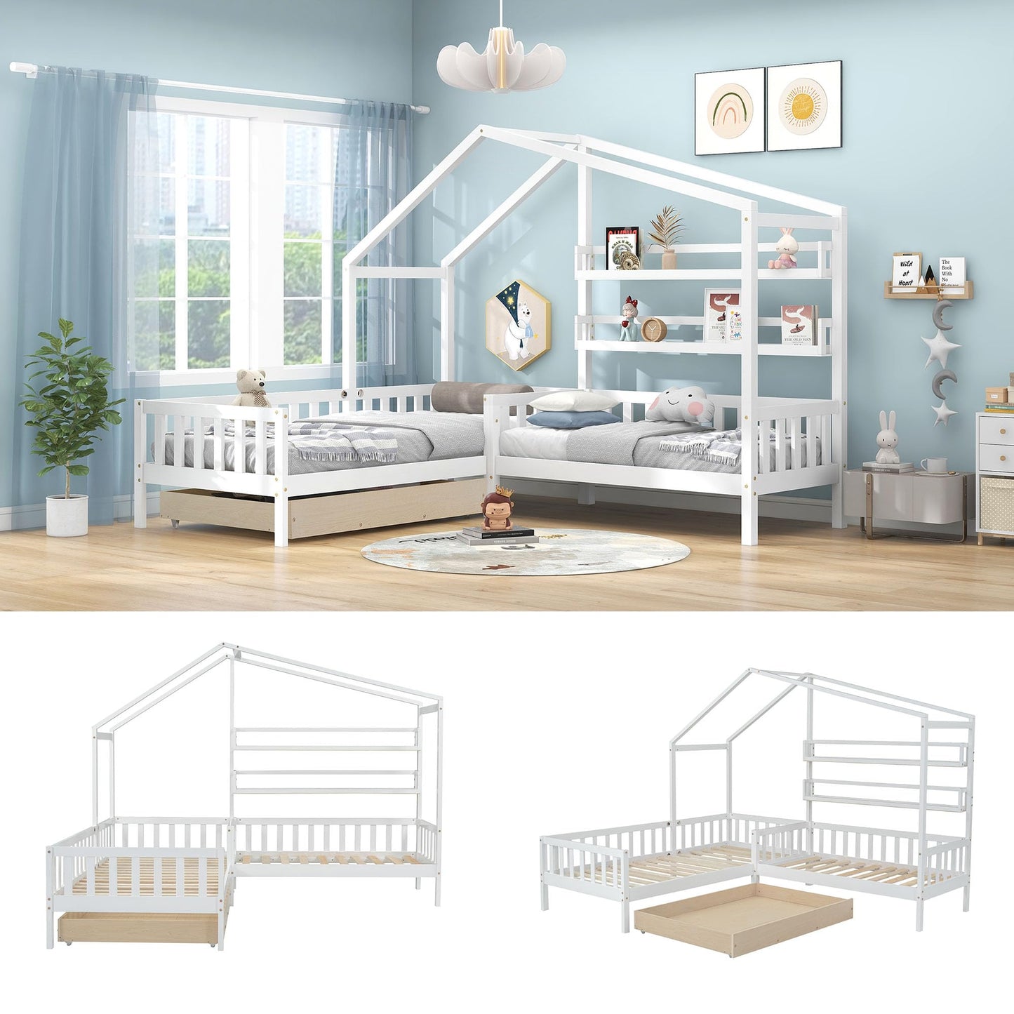 Merax Hausbett 90x200 cm mit 2 Schubladen, für 2 Kinder Doppelbett, Vielseitiges Holz Baumhausbett für Mädchen & Jungen, Stabil Spielbett Gitterbett mit Rausfallschutz und Lattenrost, Weiß