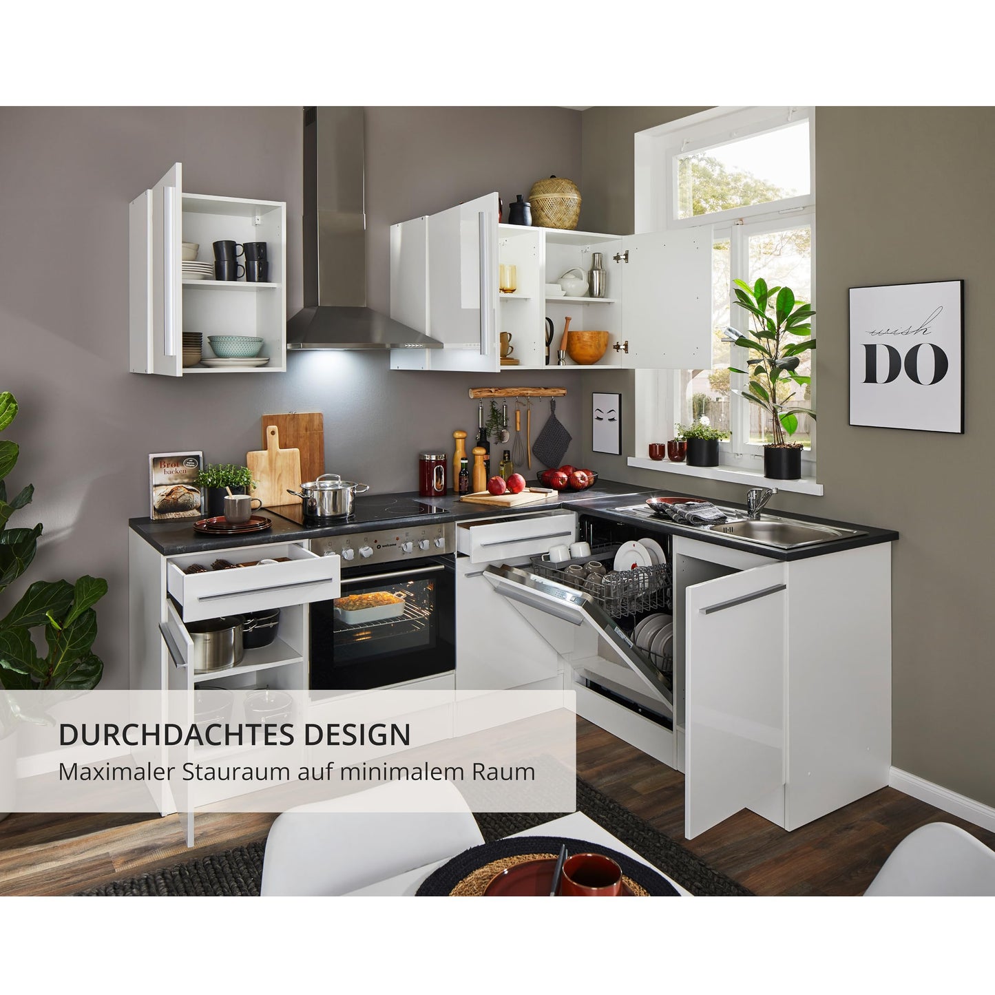 Jazz 8 Modern Corner Kitchen without Electrical Appliances in White High Gloss, Metallic Grey - Spacious Kitchen Unit in L-Shaped with Lots of Storage Space - 220 x 211 x 60 cm (W x H x D)