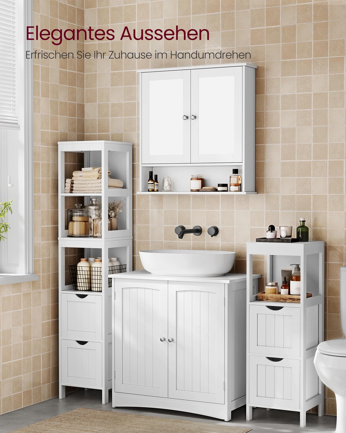 VASAGLE BBC410P31 Vanity Unit Extra Long 30 x 90 x 60 cm 2 Doors Bathroom Cabinet Open Compartments Height Adjustable Shelves White