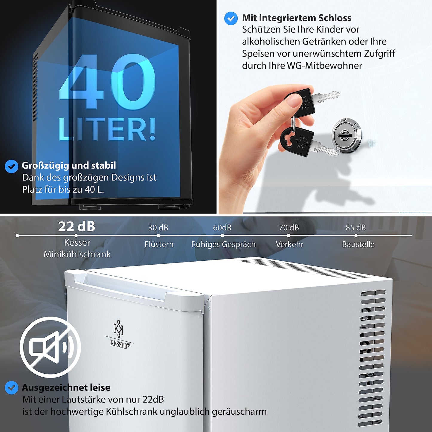 KESSER® Mini Fridge 40 L Lockable Mini Bar Ideal for Camping, Office, Bedroom, Hotel, Kitchen, Small Fridge Completely Silent, Interchangeable Door Hinge, Interior Lighting with Glass Opener