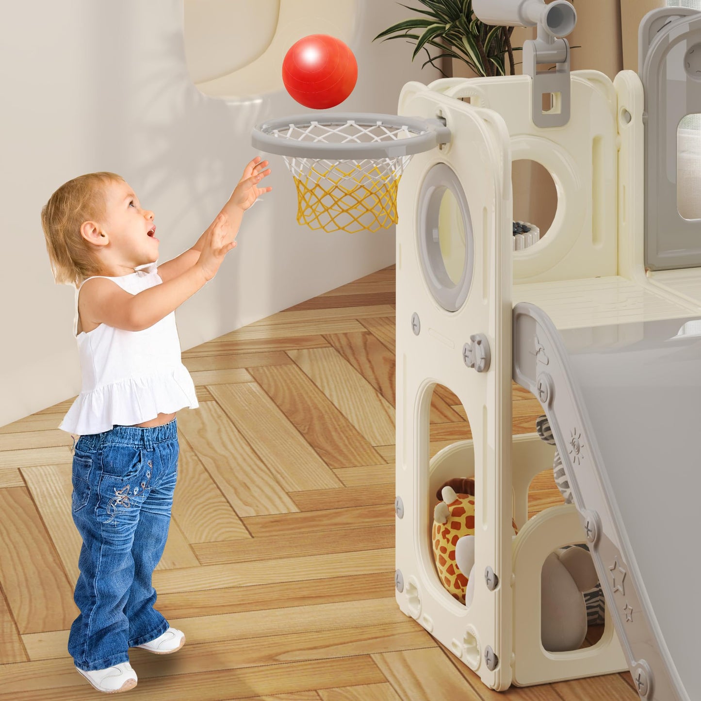 hoopyosms Kinder Rutsche Mit Klettergerüst, Basketballkorb Und Tunnel, Indoor-Kunststoffrutschenset Für Kinder, Montessori-Spielzeug Für Den Spielplatz, Grün