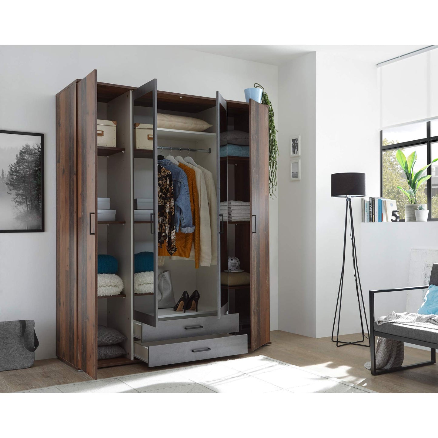 Stella Trading CHICAGO Eleganter Kleiderschrank mit viel Stauraum - Vielseitiger Drehtürenschrank in Artisan Eiche Optik und Absetzungen in Anthrazit - 156 x 197 x 54 cm (B/H/T)