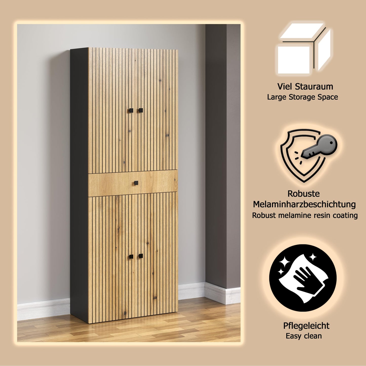 trendteam smart living - PureBliss - Hochschrank - Eiche - Badezimmerschrank in moderner Rillenoptik - edle Metallgriffe - (BxHxT) 40 x 186 x 31 cm - 2 praktische Einlegeböden - kratzfest