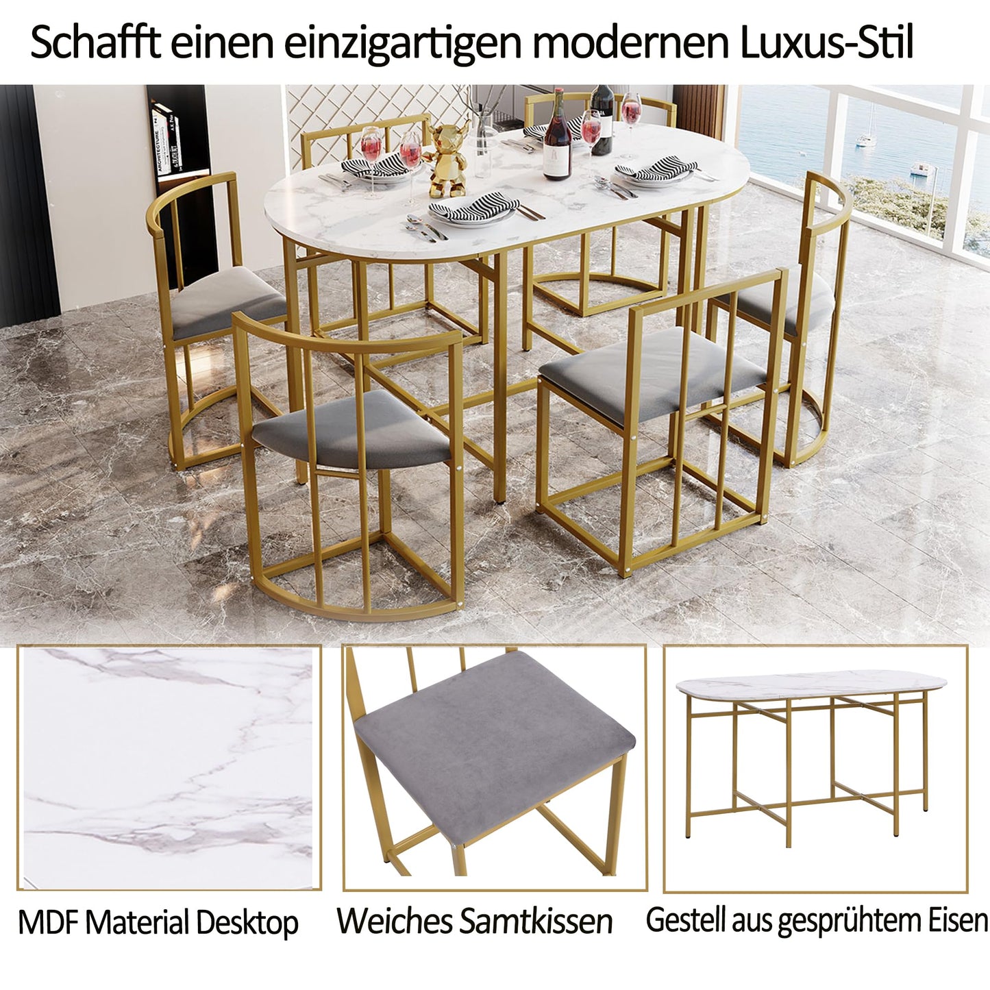 Gegtuon Esstisch 7 teilig für 6 Personen 140x80x76cm, Esstisch Rund mit 6 Stühlen und Tisch, Modern Küchentisch Metallgestell mit Rückenlehne, Essgruppe für Esszimmer Wohnzimmer Küche, Schwarz