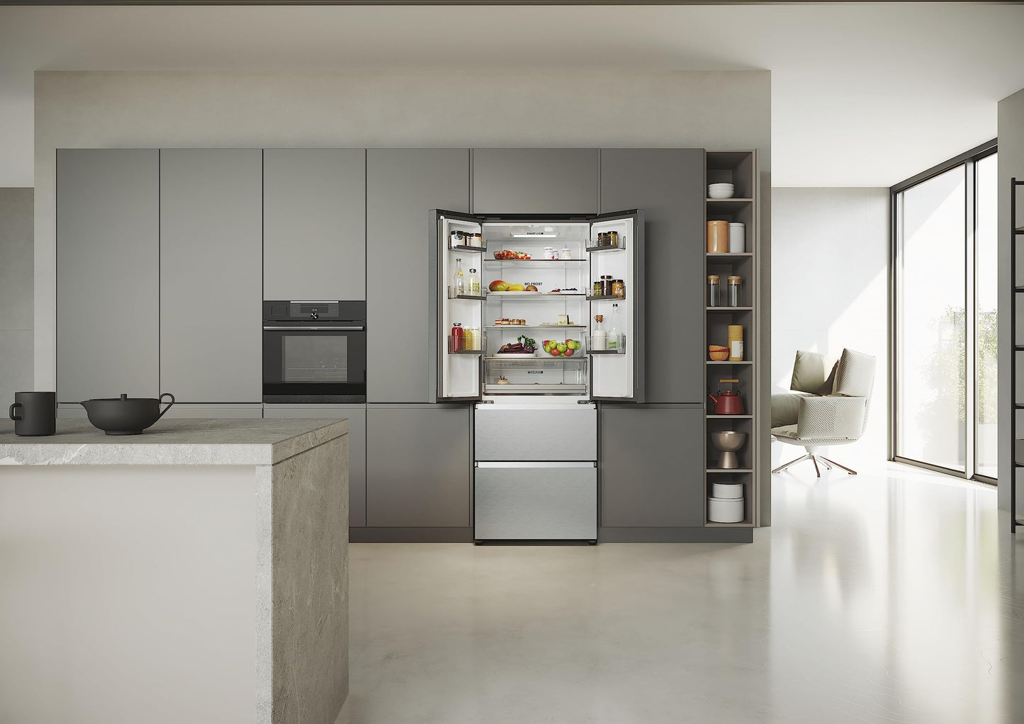 Haier French Door Kühl-Gefrierkombination 70 cm Breite I 402 L French Door Kühlschrank, freistehend I Doppeltür Kühlschrank mit Gefrierfach, No Frost I LED, Touch-Display I FD 70 SERIE 3 HFR3718ENMM