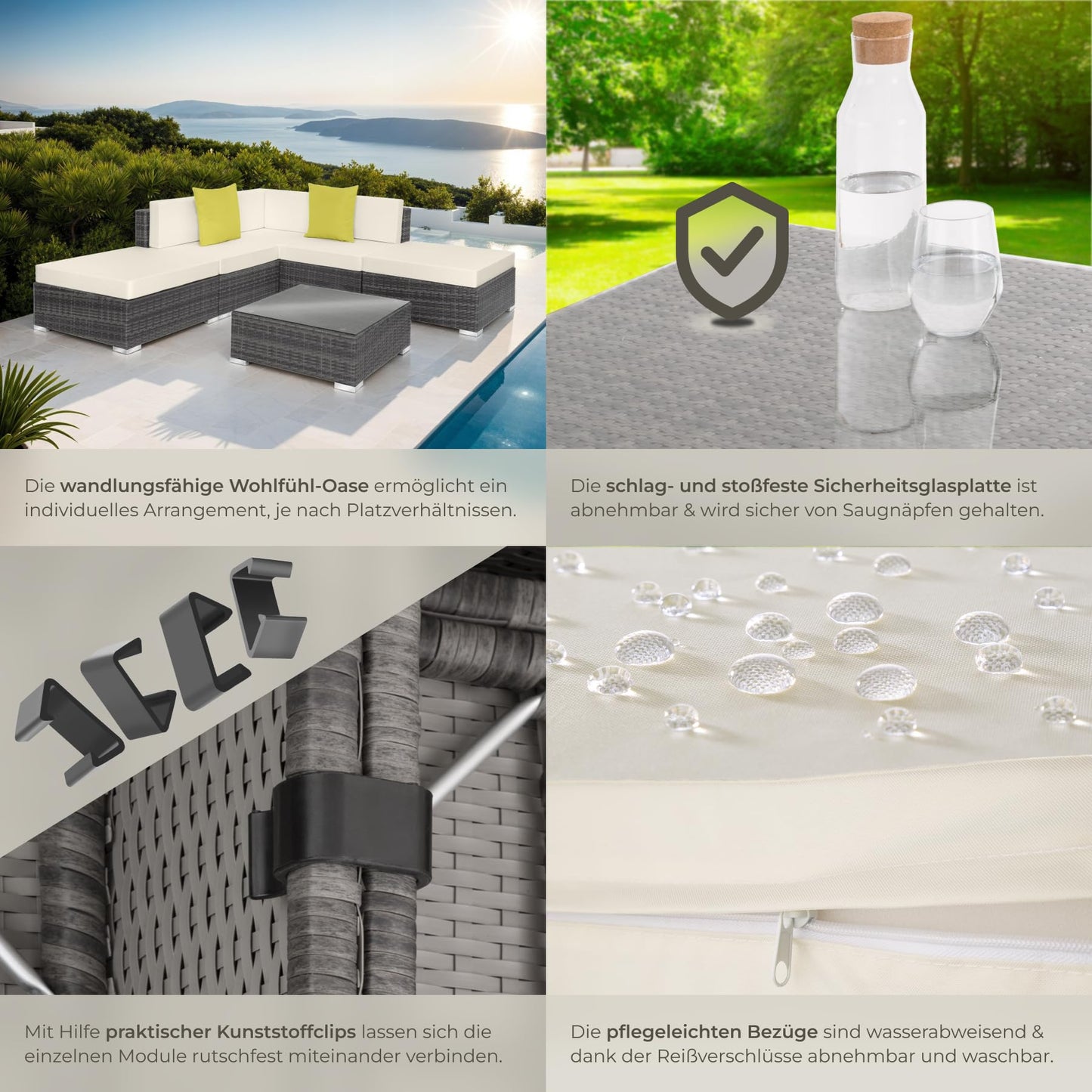 tectake® Aluminium Poly Rattan Lounge, modulares Gartenmöbel Set, großer Outdoor Couch Tisch mit Glasplatte, Sofa Set wetterfest für Garten, Balkon und Terrasse, extra Dicke Polster - grau
