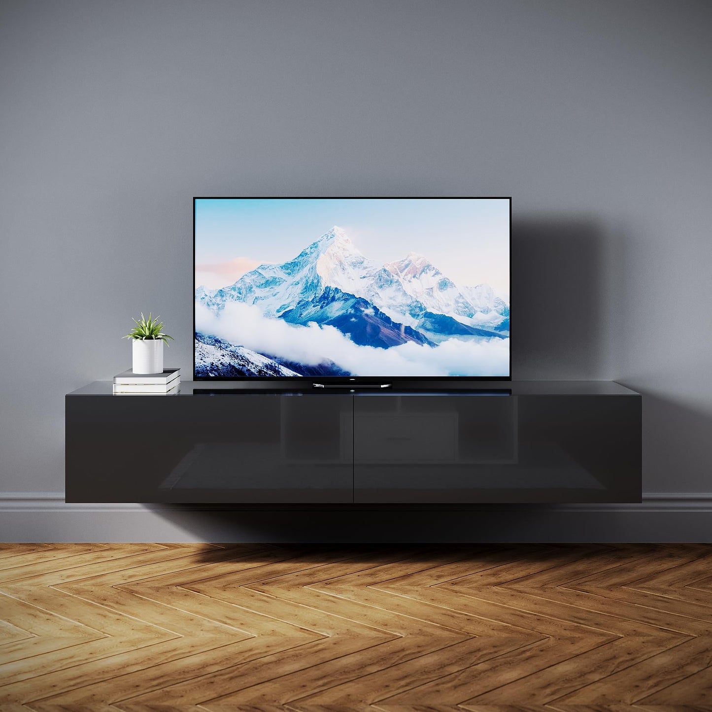 SONNI Modern TV Cabinet 180 cm, Lowboard High Gloss White with 16 Colours LED Lighting, Drawer, Open Glass Shelves, TV Stand for TVs up to 65 Inches, Living Room & Bedroom, 180 x 35 x 45 cm