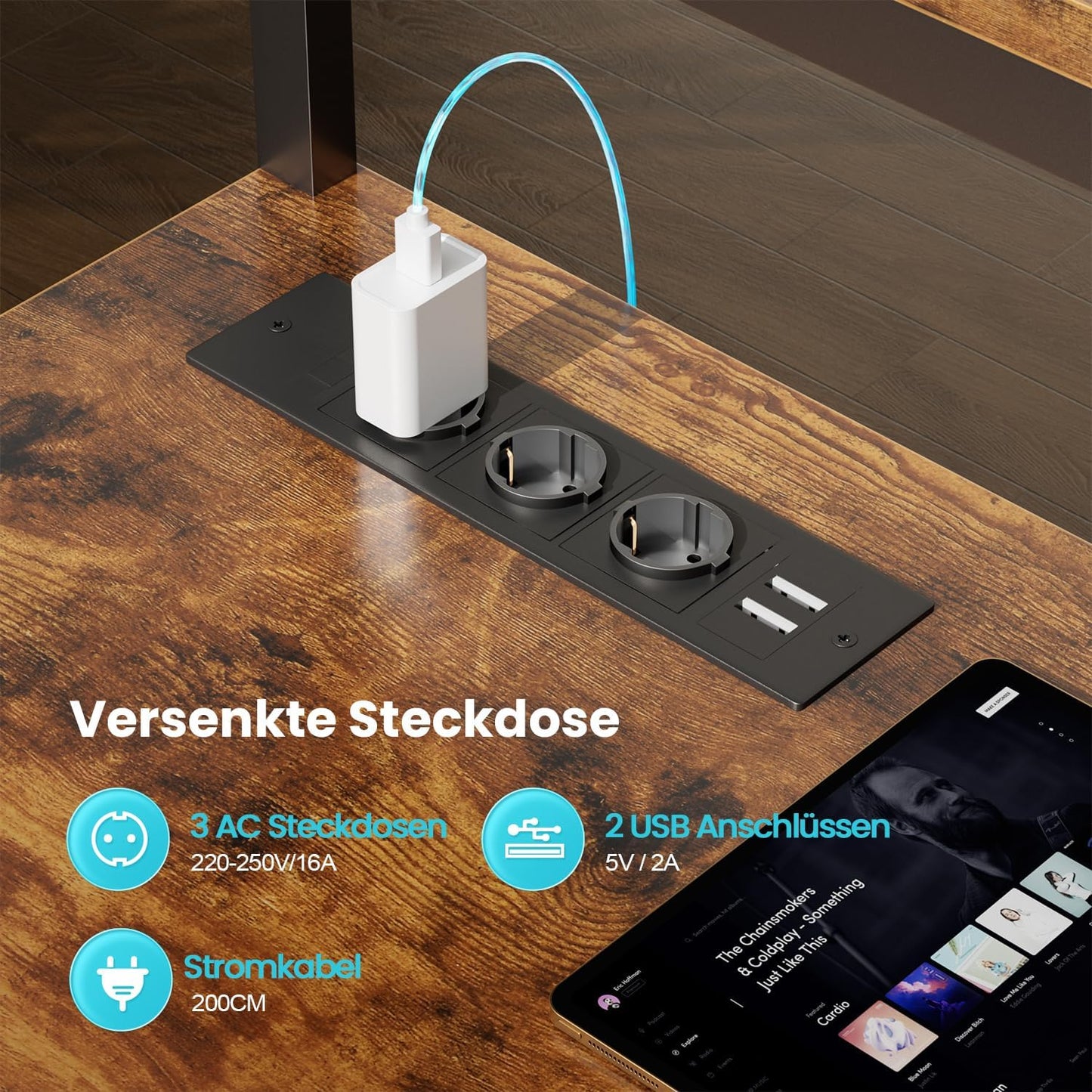 HLONONE Gaming Table with LED, 150 x 100 cm Gaming Desk, L Shape with 3 Sockets and 2 USB, Reversible Corner Desk, PC Corner Table, Computer Desk with Monitor Stand and Countertop Shelf, Black