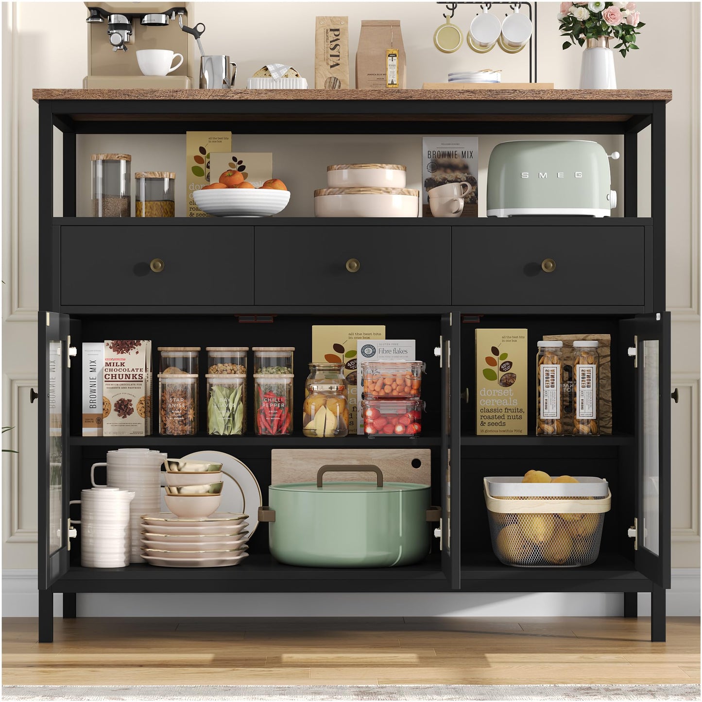 FirFurd Sideboard Küchenschrank mit Arbeitsplatte &3 Schubladen&3 Glastüren, Buffetschrank Kommode Kaffeebar Mehrzweckschrank, Sideboard für Wohnzimmer Küche Esszimmer 108 x 38 x 98,5 cm schwarz