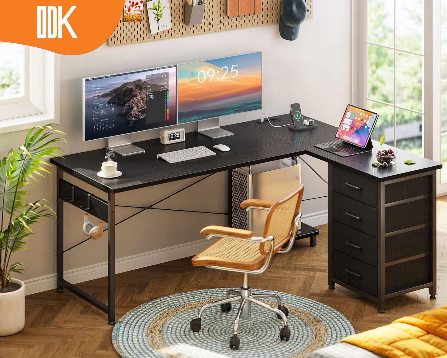 ODK Corner Desk with 4 Drawers, 135 x 100 cm, L Shape Desk with Socket and USB Charging Port, Reversible Desk with Storage Space for Home Office and Gaming, Black