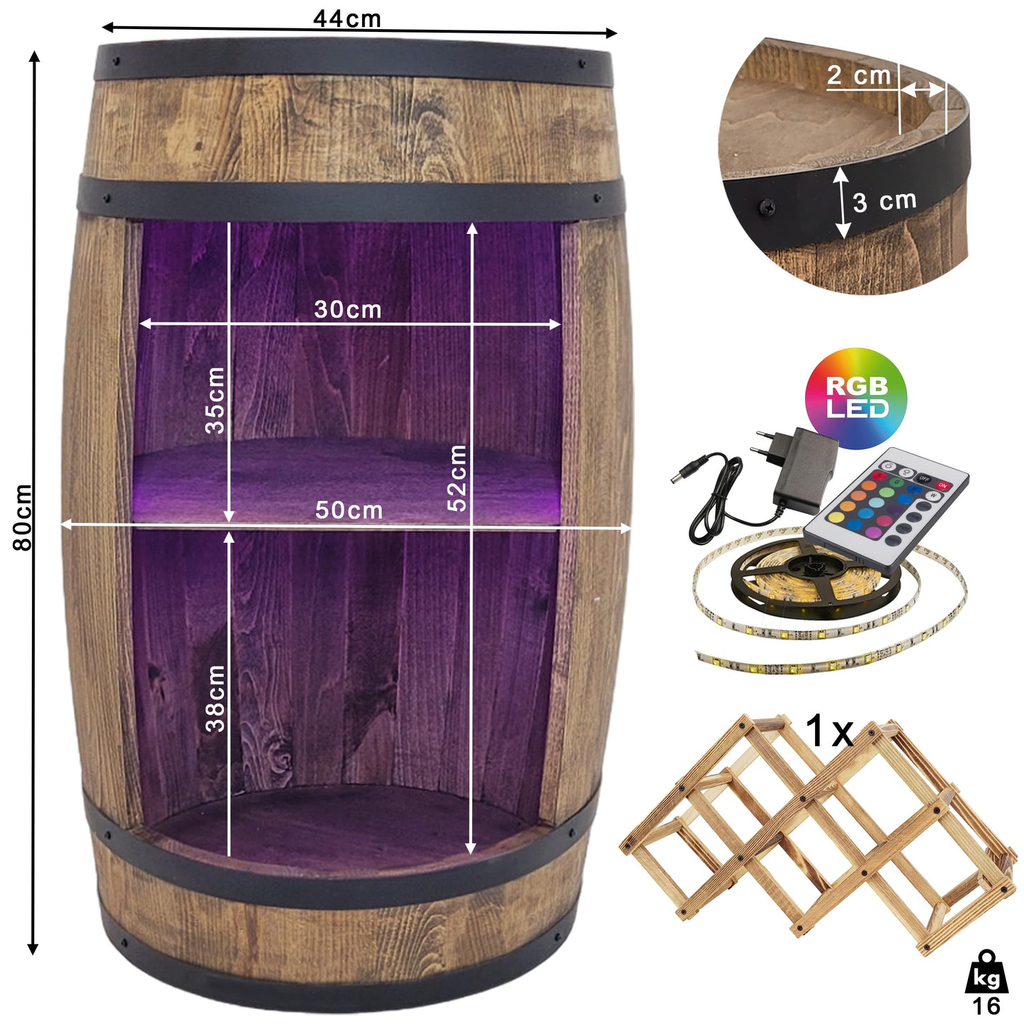 weeco Wooden Barrel with Wine Holder RGB LED Lighting - Wine Rack - Rustic Decorative Bar Cabinet Wine Stand - Draught Beer, Whisky Bar Bottle Stand. Home Bar Gift for Men (Dark Brown)
