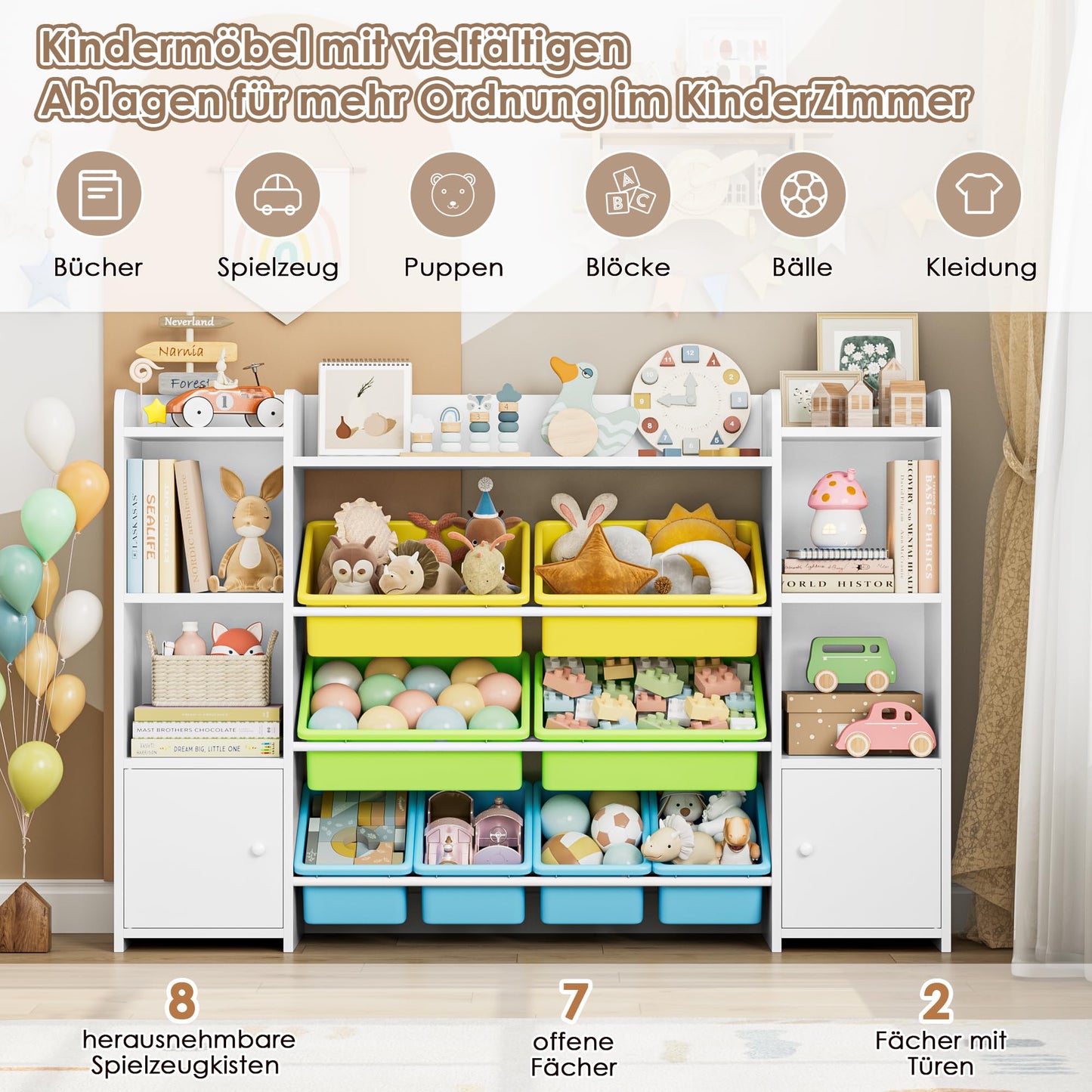 FOREHILL Kinderregal mit 8 Boxen Kinderschrank Holz Bücherregal für Kinder Aufbewahrungsbox Kinderzimmer Möbel mit Spielzeugkiste 138,8 x 94,3 x29,6 cm (rosa)