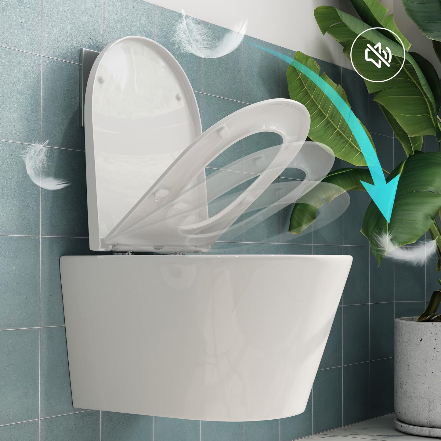 HOROW Wand WC Keramik Hänge WC Set Toiletten mit abnehmbaren Deckel sitz mit Absenkautomatik Hängetoilette, D-Form, kompakte Design Toilette Gästebad
