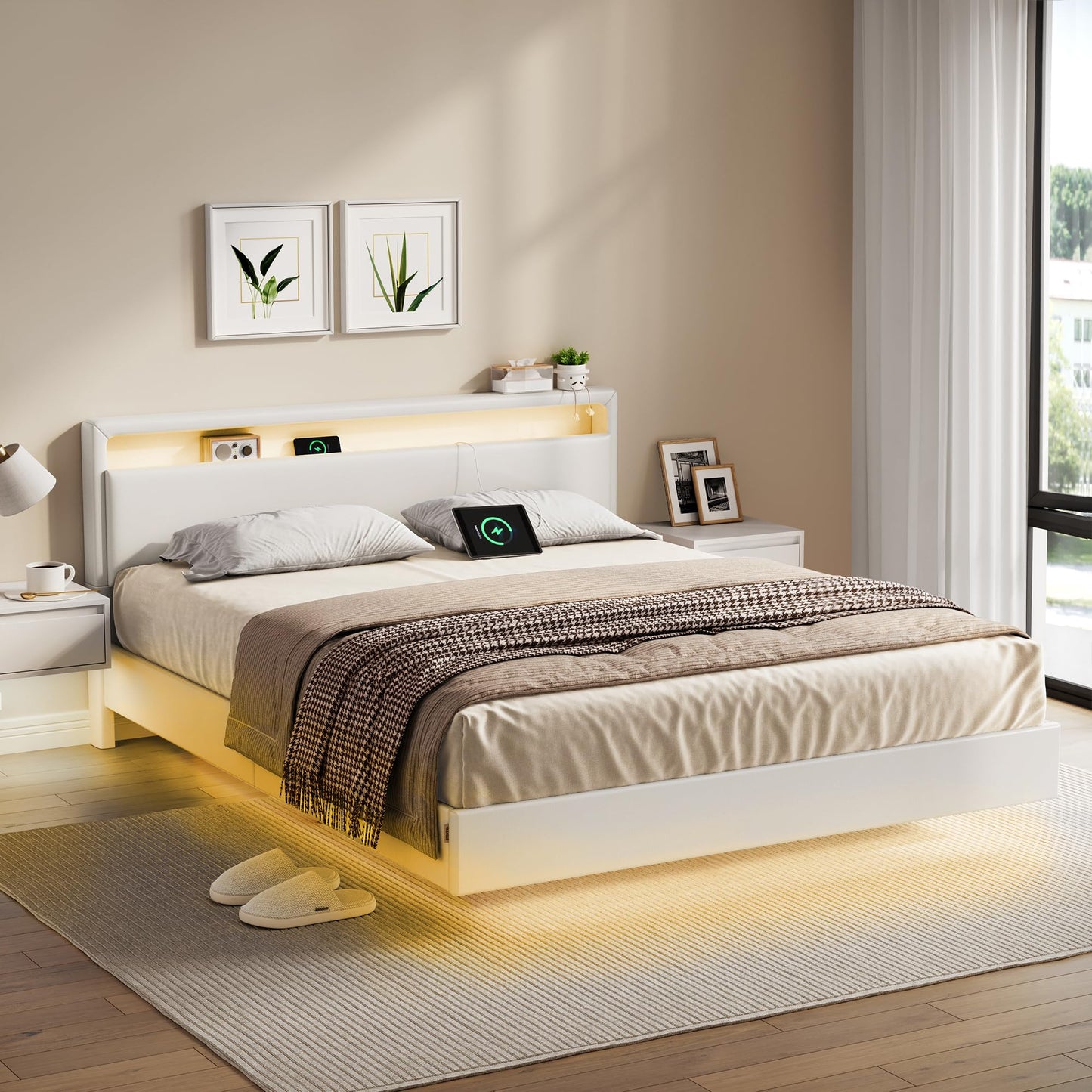 VASAGLE Double Bed Frame 140 x 200 cm Floating Visual Effect Bed with LED Lighting High Headboard Charging Station Modern Cloud White RMB864W01