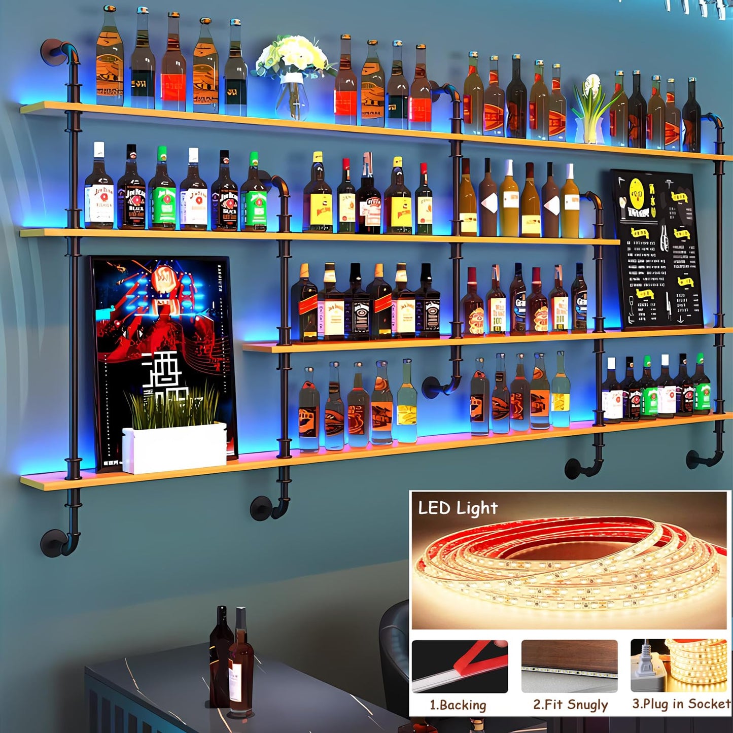 Dawselod Wandweinregal Mit LED-Beleuchtung, 4 Ebenen Massivholz Weinflaschenhalterung, Whiskeyregal mit Geländer, Modernes Weinlager Für Homebar, Küche, Gastronomie (Wood, 150 * 20 * 150cm)