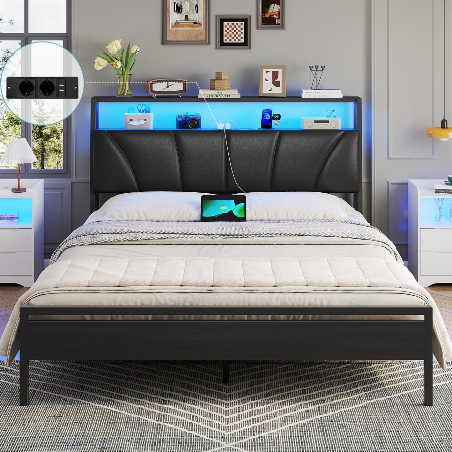 Brinlawb Bed 140 x 200 cm with Metal Slatted Frame, Bed Frame 140 x 200 cm with LED Lighting, Metal Bed 140 x 200 cm with Headboard and Charging Station (2 AC Sockets, 2 USB Ports), Youth Bed, Double