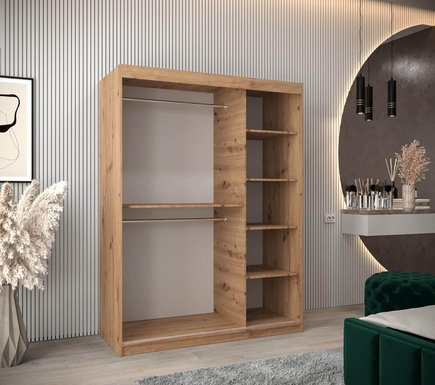 Kryspol Schwebetürenschrank York 250 cm Kleiderschrank mit Kleiderstange und Einlegeboden Schlafzimmer- Wohnzimmerschrank Schiebetüren Modern Design (Weiß)