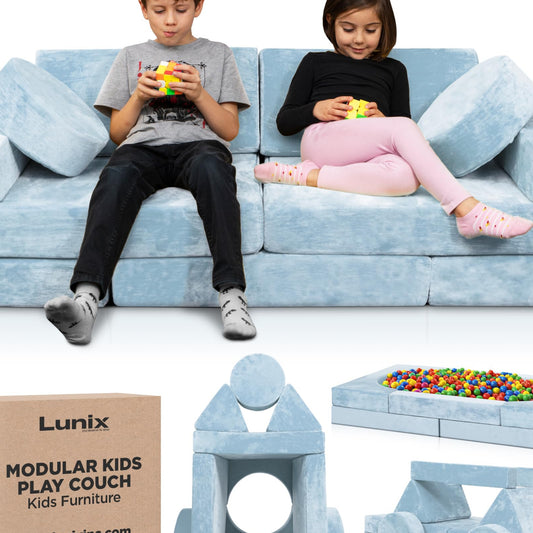 Lunix LX15 14pcs Modular Kids Play Couch, Child Sectional Sofa, Fortplay Bedroom and Playroom Furniture for Toddlers, Convertible Foam and Floor Cushion for Boys and Girls, Gray