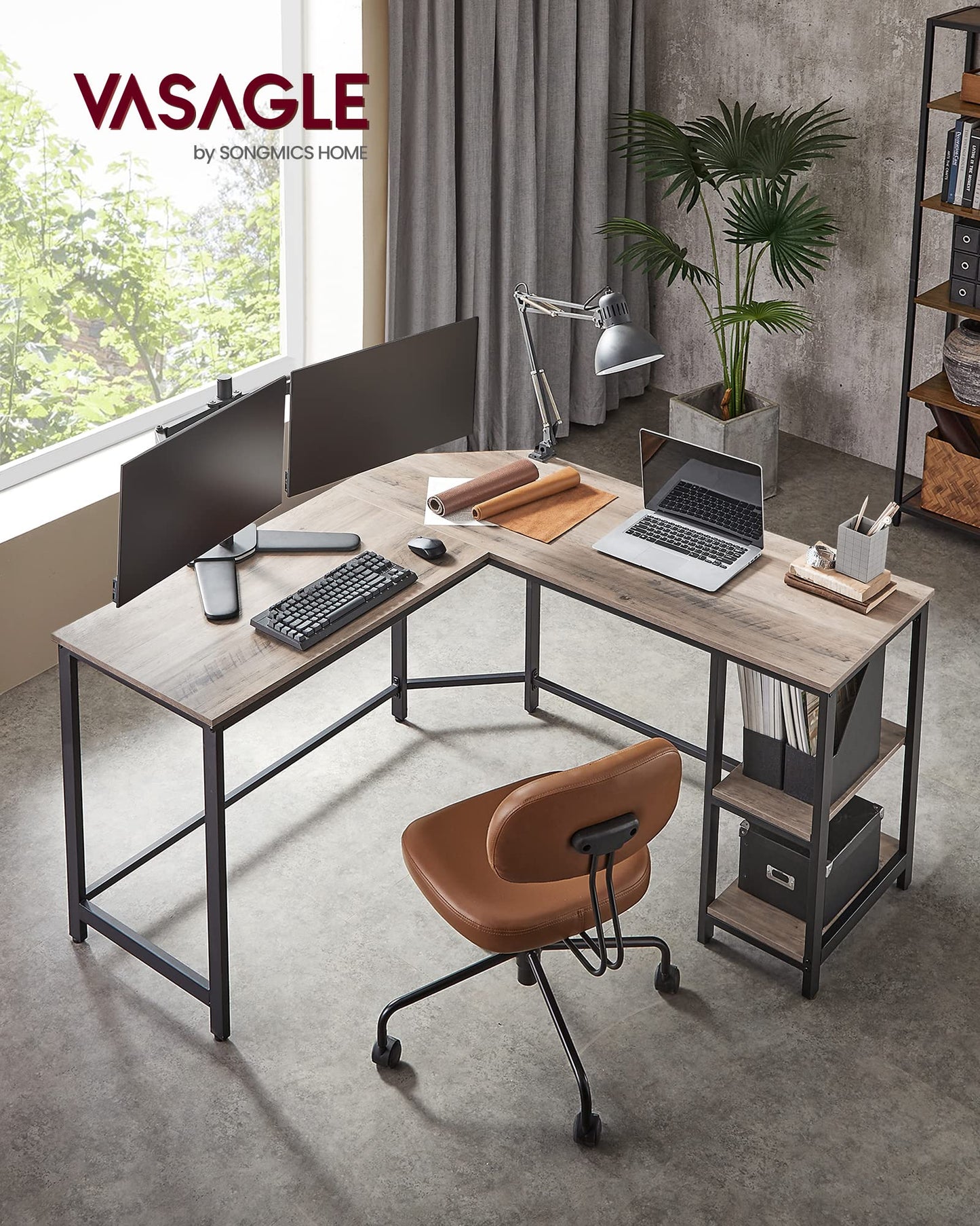 Vasagle L-Shaped Computer Desk, Corner Desk with 2 Shelves
