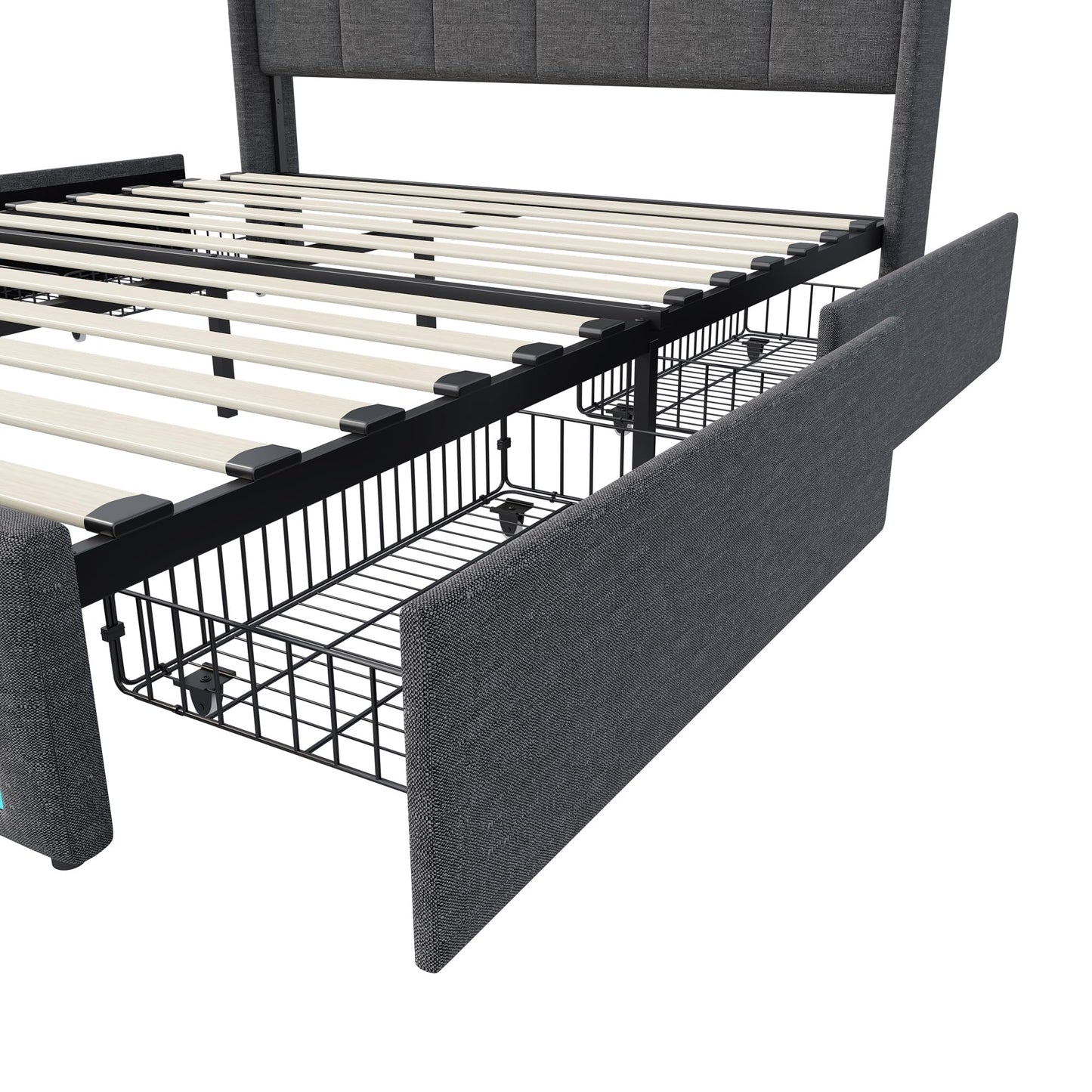 KeepGoon Doppelbett 140 x 200 cm,Polsterbett mit LED-Leuchten, 4 Eisenschubladen und einem USB Ladeanschluss,Stauraumbetten Bettgestell,Leinenstoff (Beige)